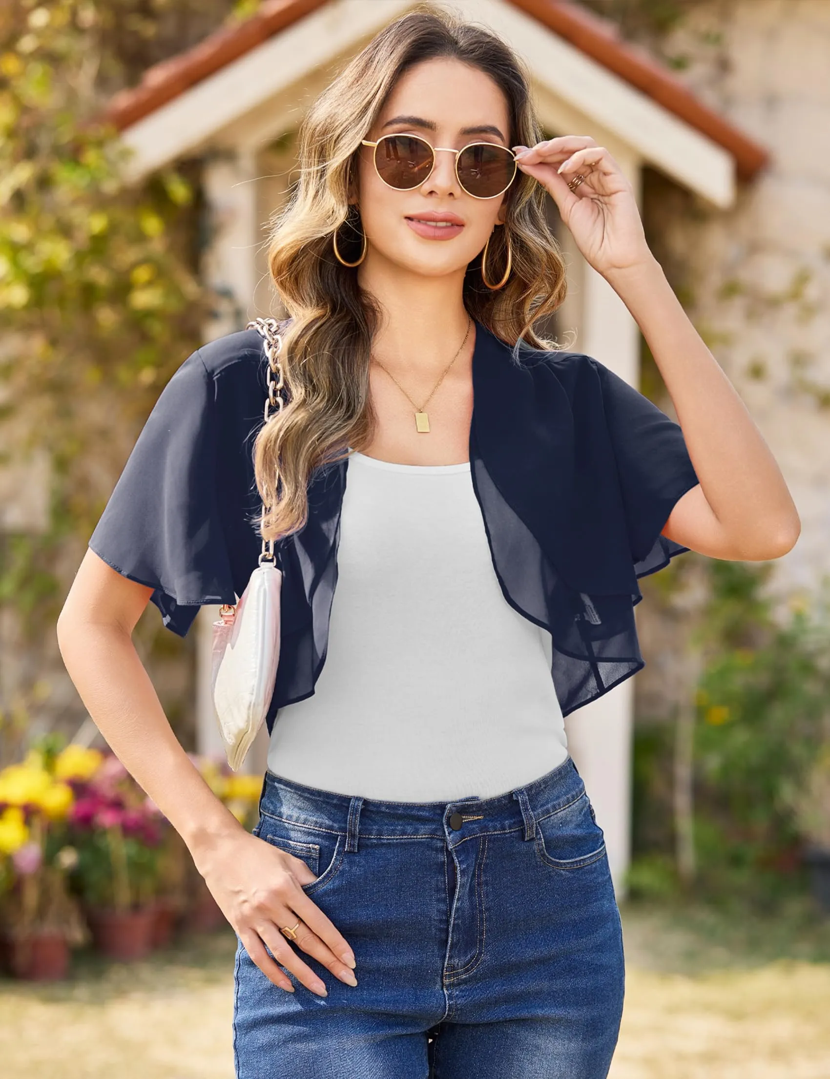 Aottori Coprispalle Donna in Chiffon Trasparente, Blu Navy, XL - immagine 8