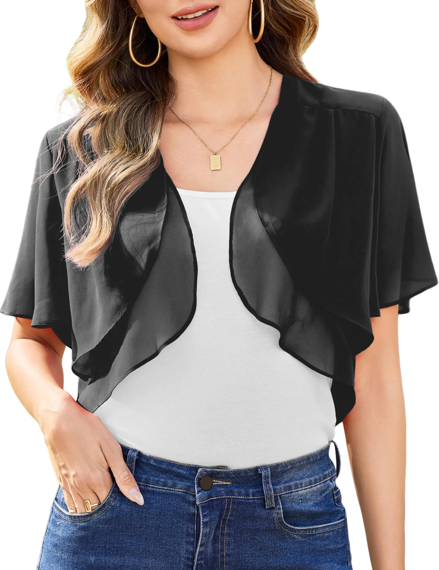 Aottori Coprispalle Donna in Chiffon Maniche Corte, Nero, M - immagine 1