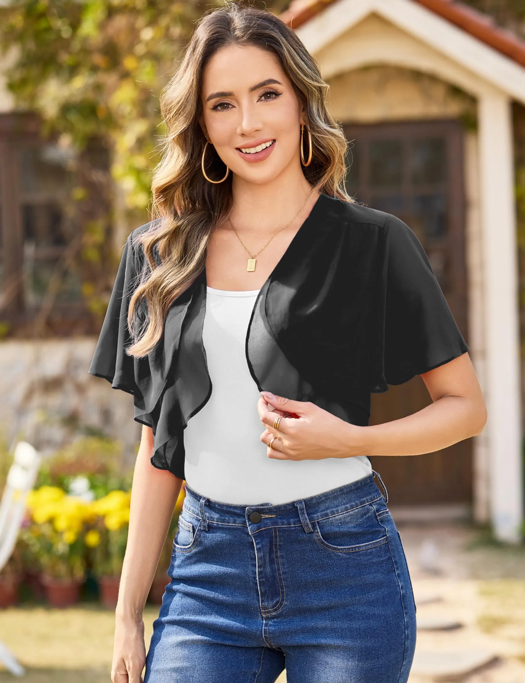 Aottori Coprispalle Donna in Chiffon Maniche Corte, Nero, M - immagine 3