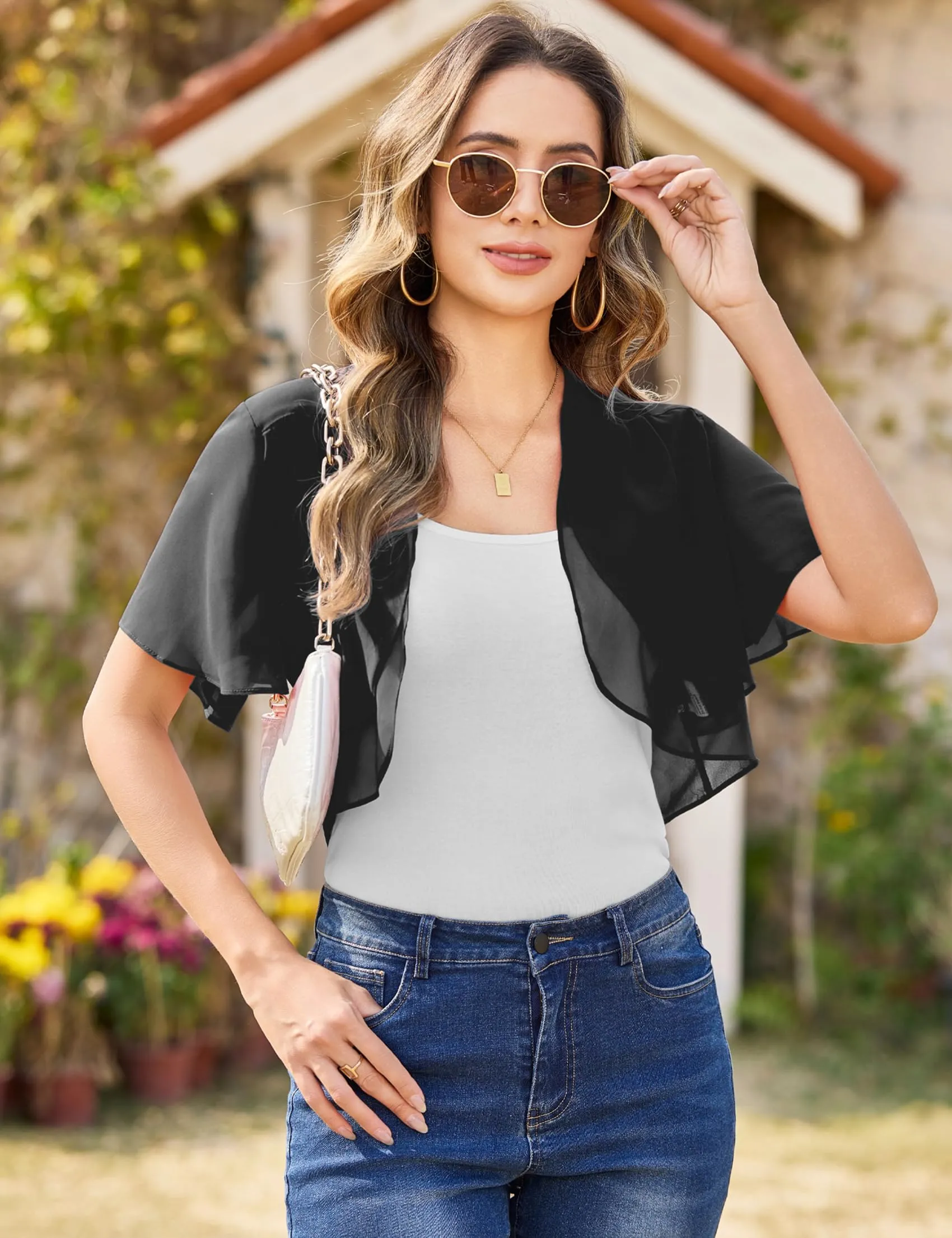 Aottori Coprispalle Donna in Chiffon Maniche Corte, Nero, M - immagine 4