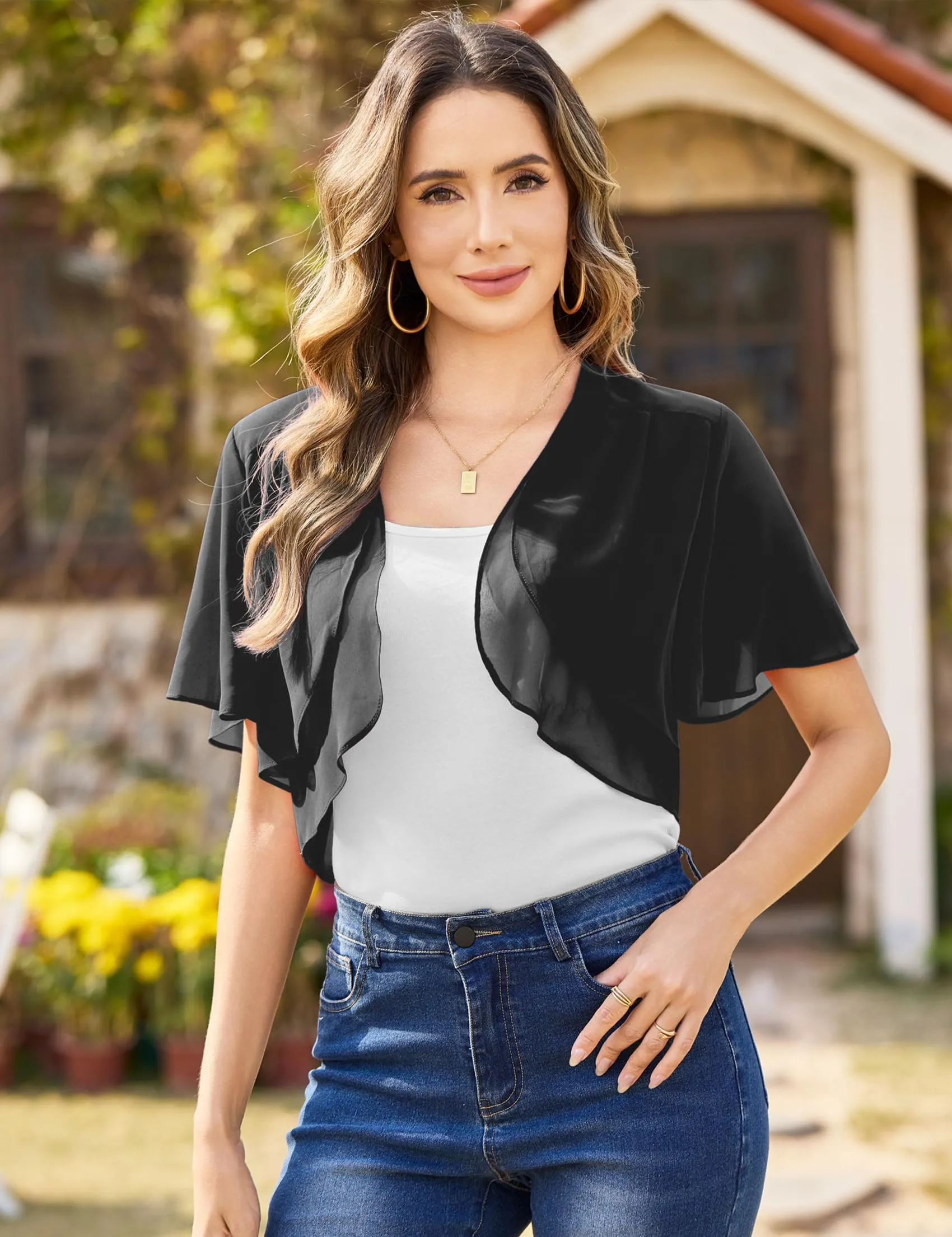 Aottori Coprispalle Donna in Chiffon Maniche Corte, Nero, M - immagine 9