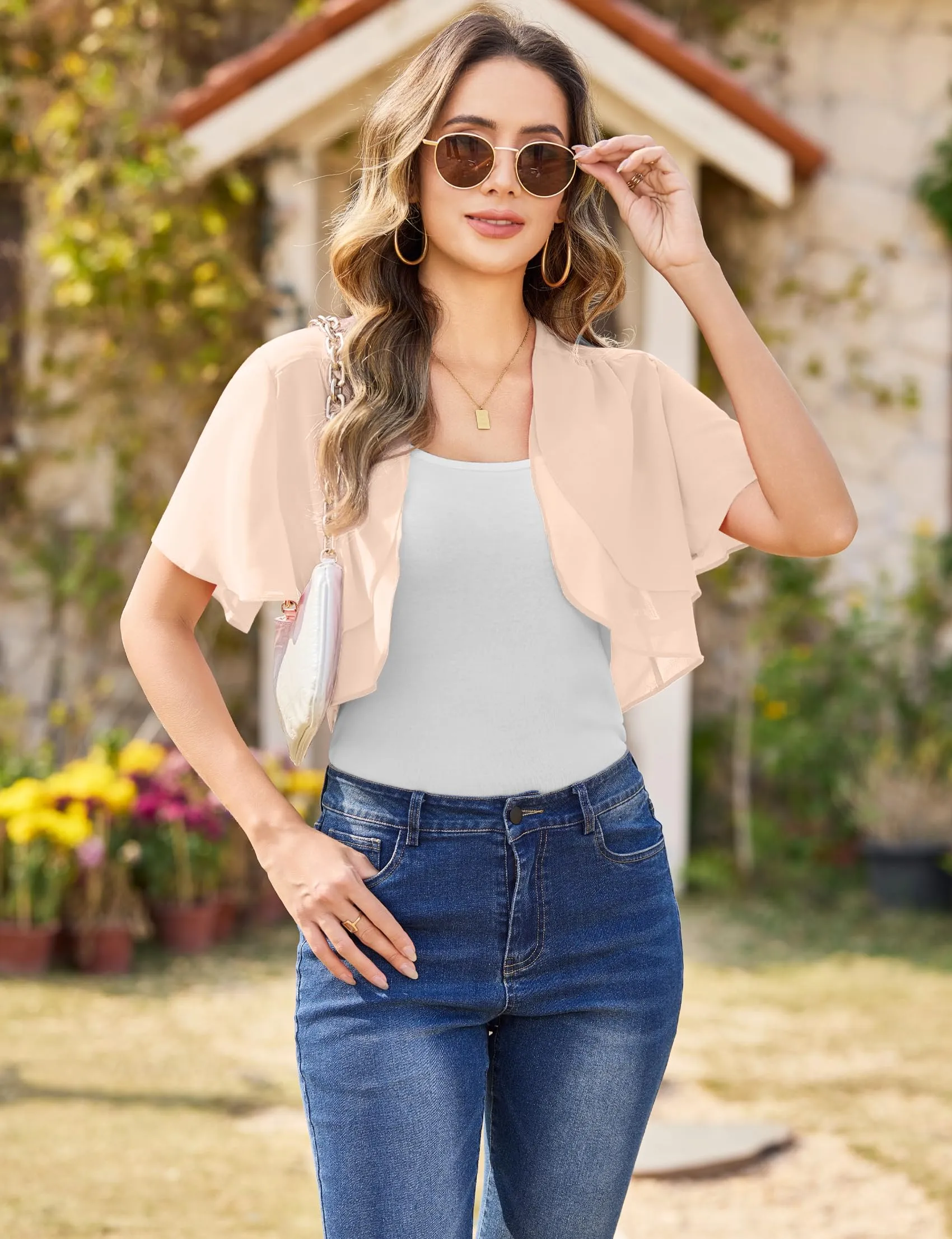 Aottori Coprispalle Donna in Chiffon, Albicocca, M - immagine 3