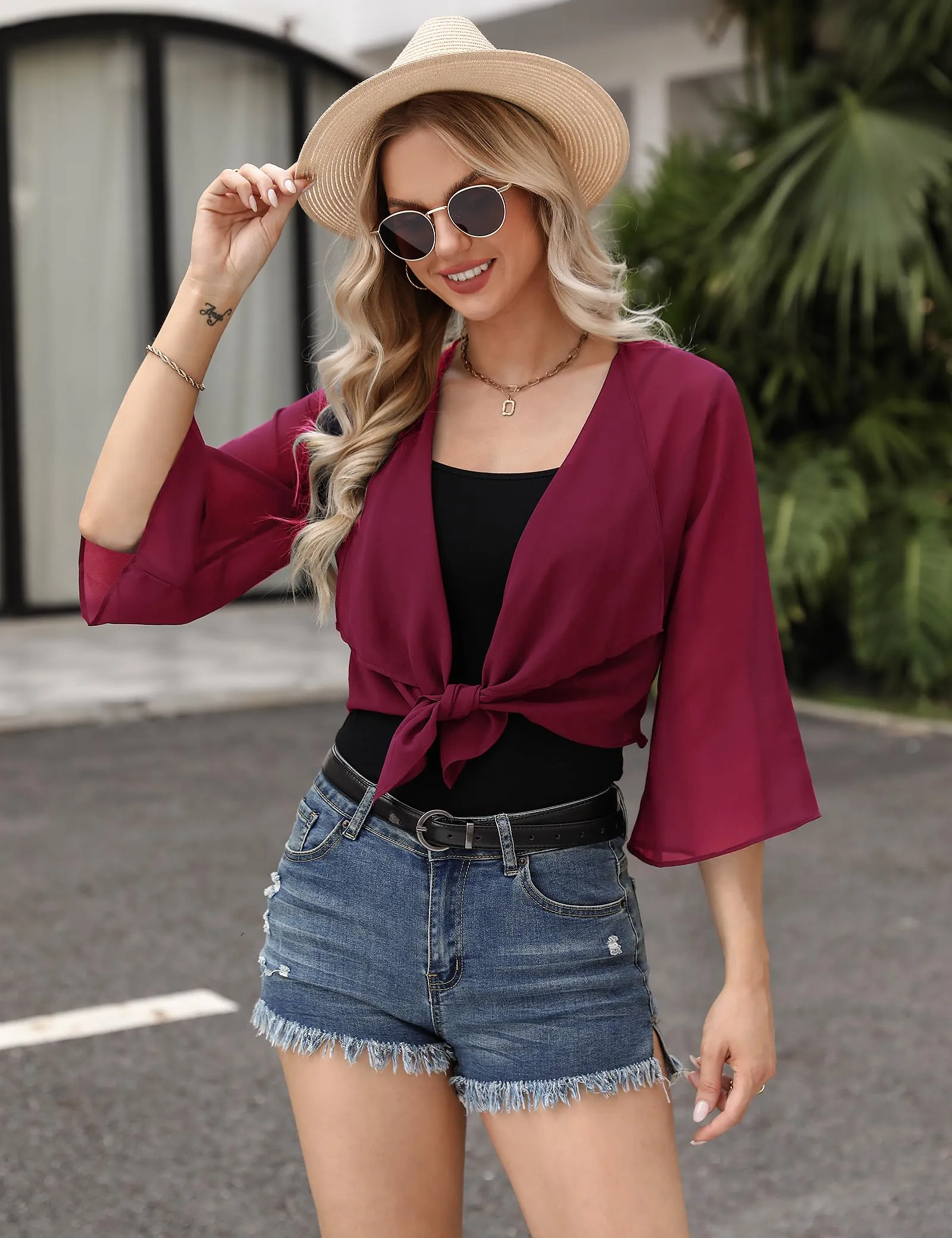 Aottori Coprispalle Donna in Chiffon per Cerimonia, Vino Rosso, XXL - immagine 4