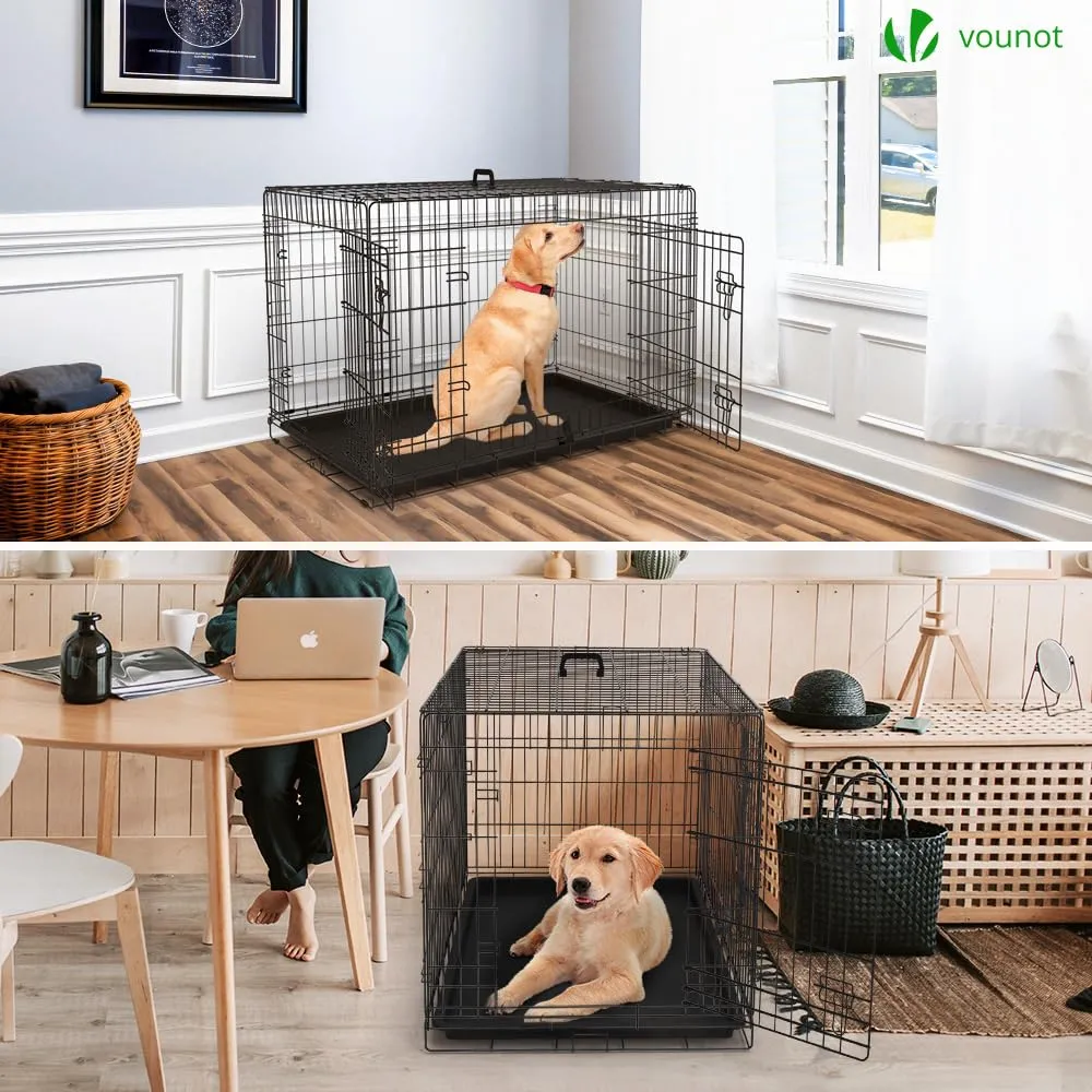 VOUNOT Gabbia per Cani Pieghevole in Metallo con 2 Porte e Vassoio Rimovibile, 107x70x78cm, Nero - immagine 3