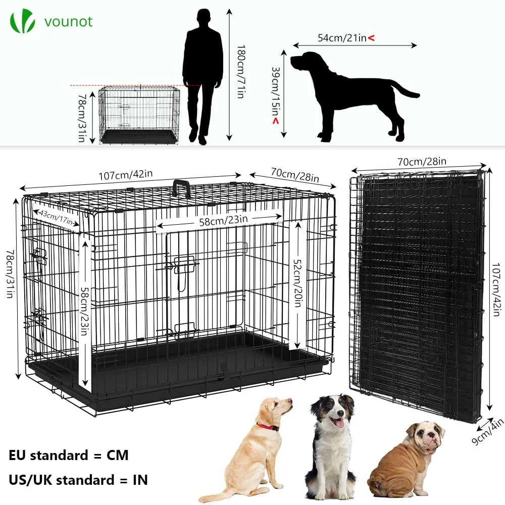 VOUNOT Gabbia per Cani Pieghevole in Metallo con 2 Porte e Vassoio Rimovibile, 107x70x78cm, Nero - immagine 4