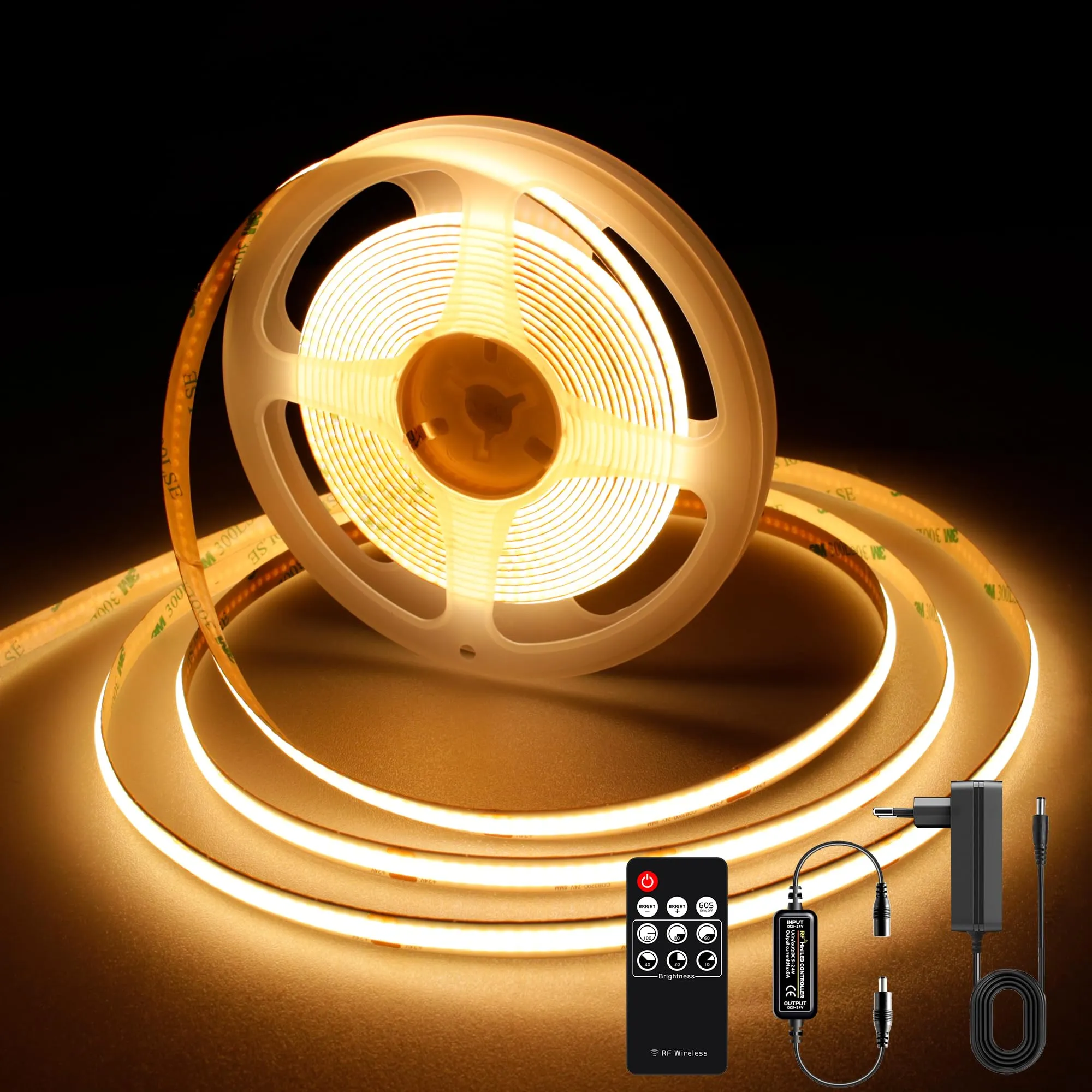 AXMOTUT Striscia LED COB 3 metri 24V Bianco Caldo 2700K 320LEDs/m CRI90+, con Alimentatore e Telecomando RF - immagine 1
