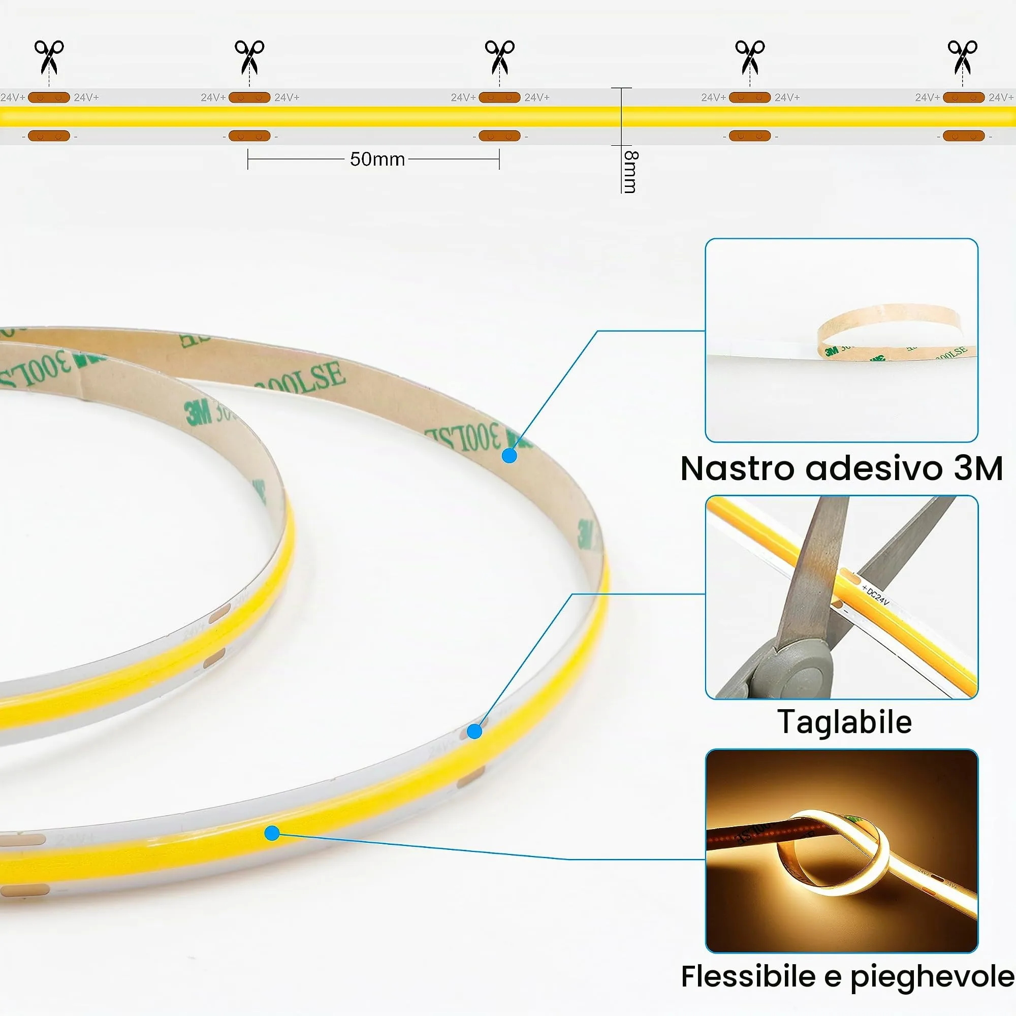 AXMOTUT Striscia LED COB 3 metri 24V Bianco Caldo 2700K 320LEDs/m CRI90+, con Alimentatore e Telecomando RF - immagine 3