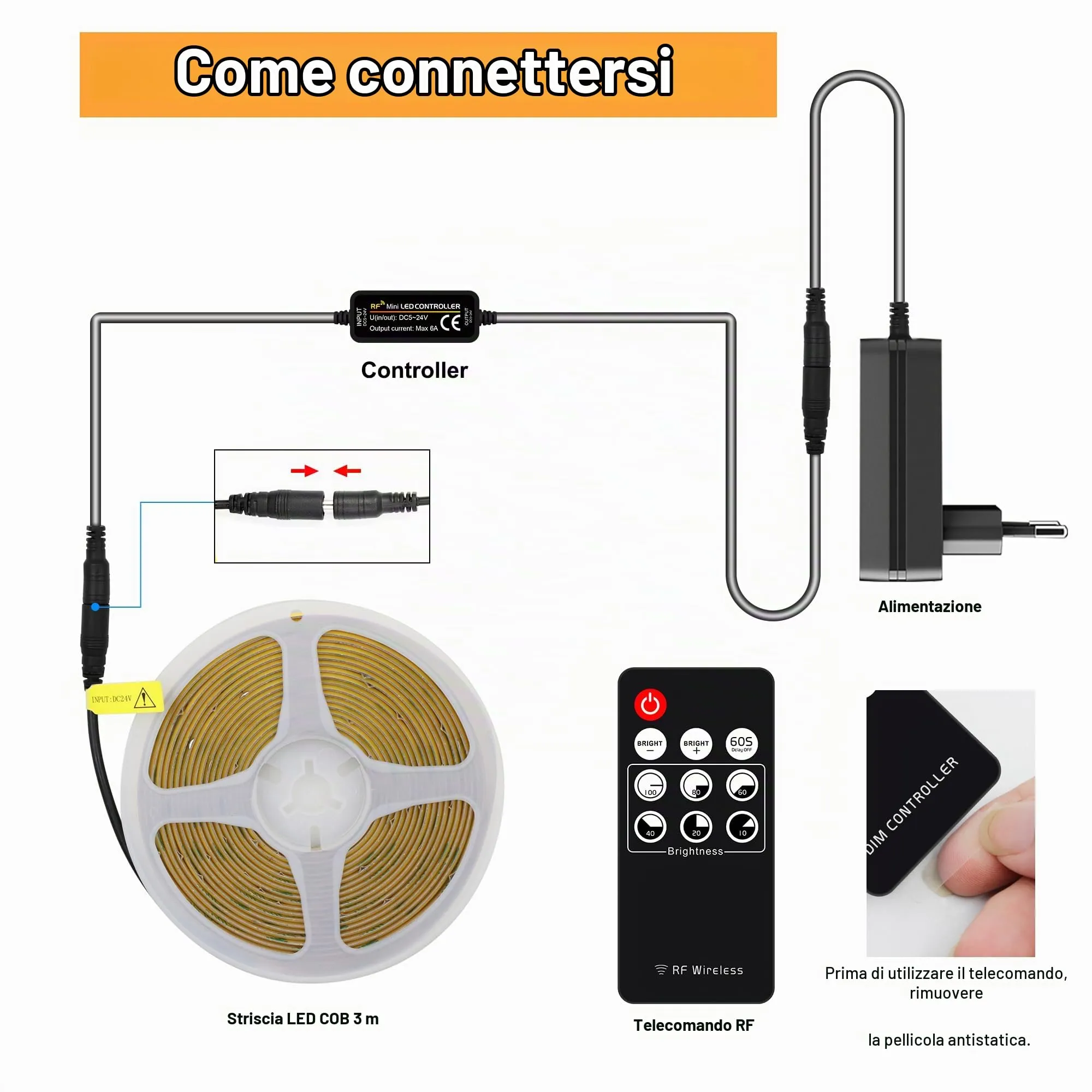 AXMOTUT Striscia LED COB 3 metri 24V Bianco Caldo 2700K 320LEDs/m CRI90+, con Alimentatore e Telecomando RF - immagine 5