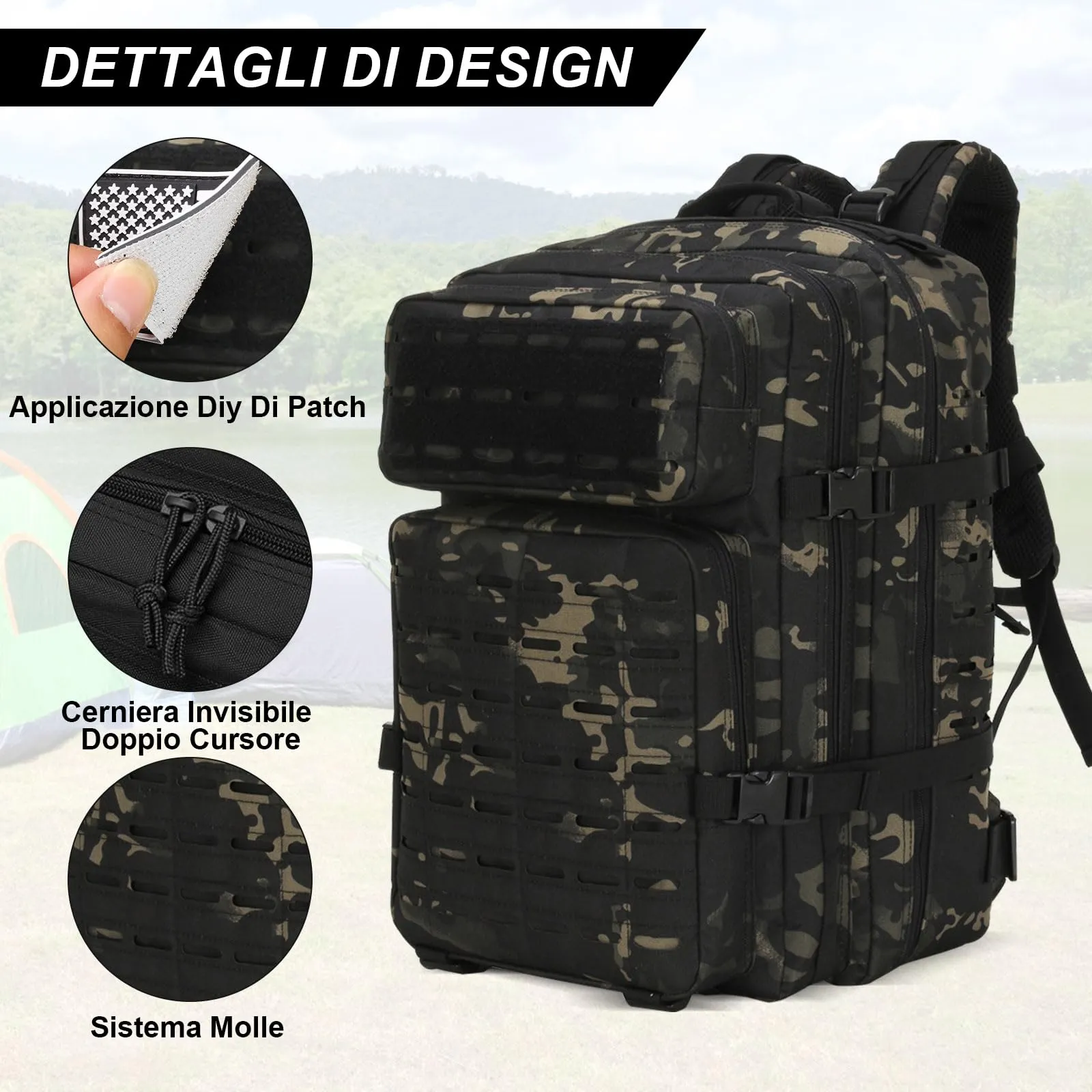 SHANNA Zaino Tattico Militare 45 Litri Impermeabile con Sistema Molle per Hiking, Campeggio e Trekking - immagine 2
