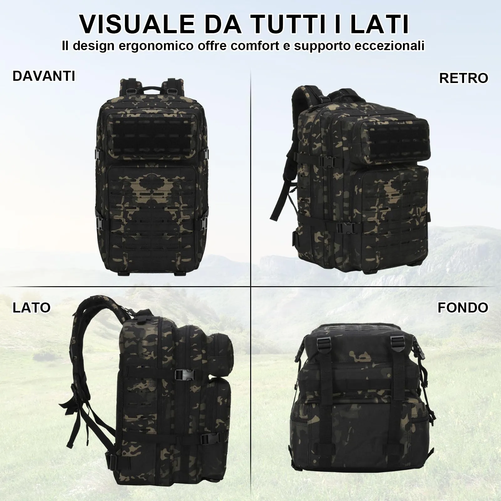 SHANNA Zaino Tattico Militare 45 Litri Impermeabile con Sistema Molle per Hiking, Campeggio e Trekking - immagine 3