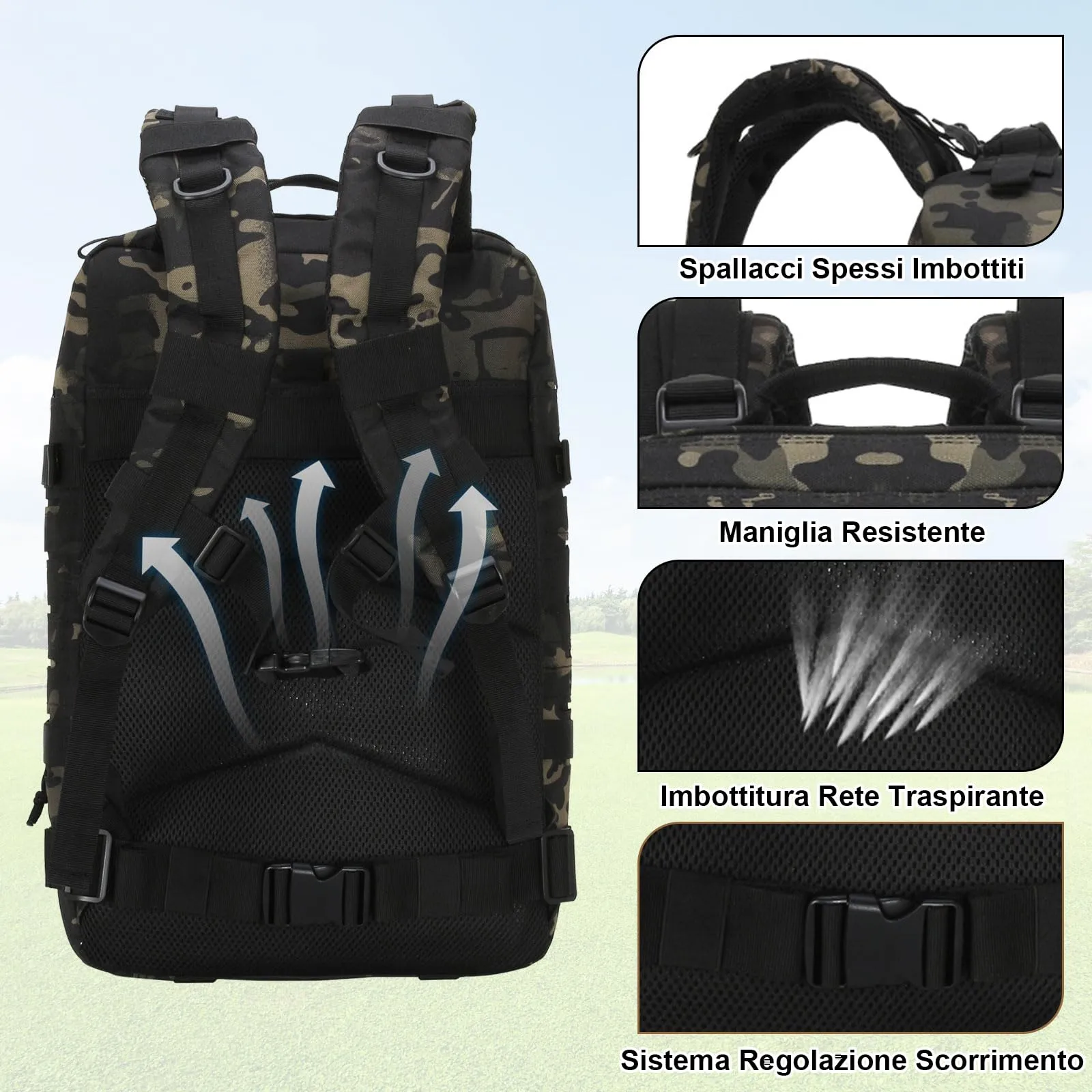 SHANNA Zaino Tattico Militare 45 Litri Impermeabile con Sistema Molle per Hiking, Campeggio e Trekking - immagine 4