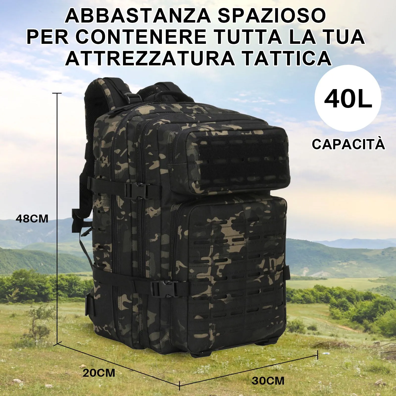 SHANNA Zaino Tattico Militare 45 Litri Impermeabile con Sistema Molle per Hiking, Campeggio e Trekking - immagine 5