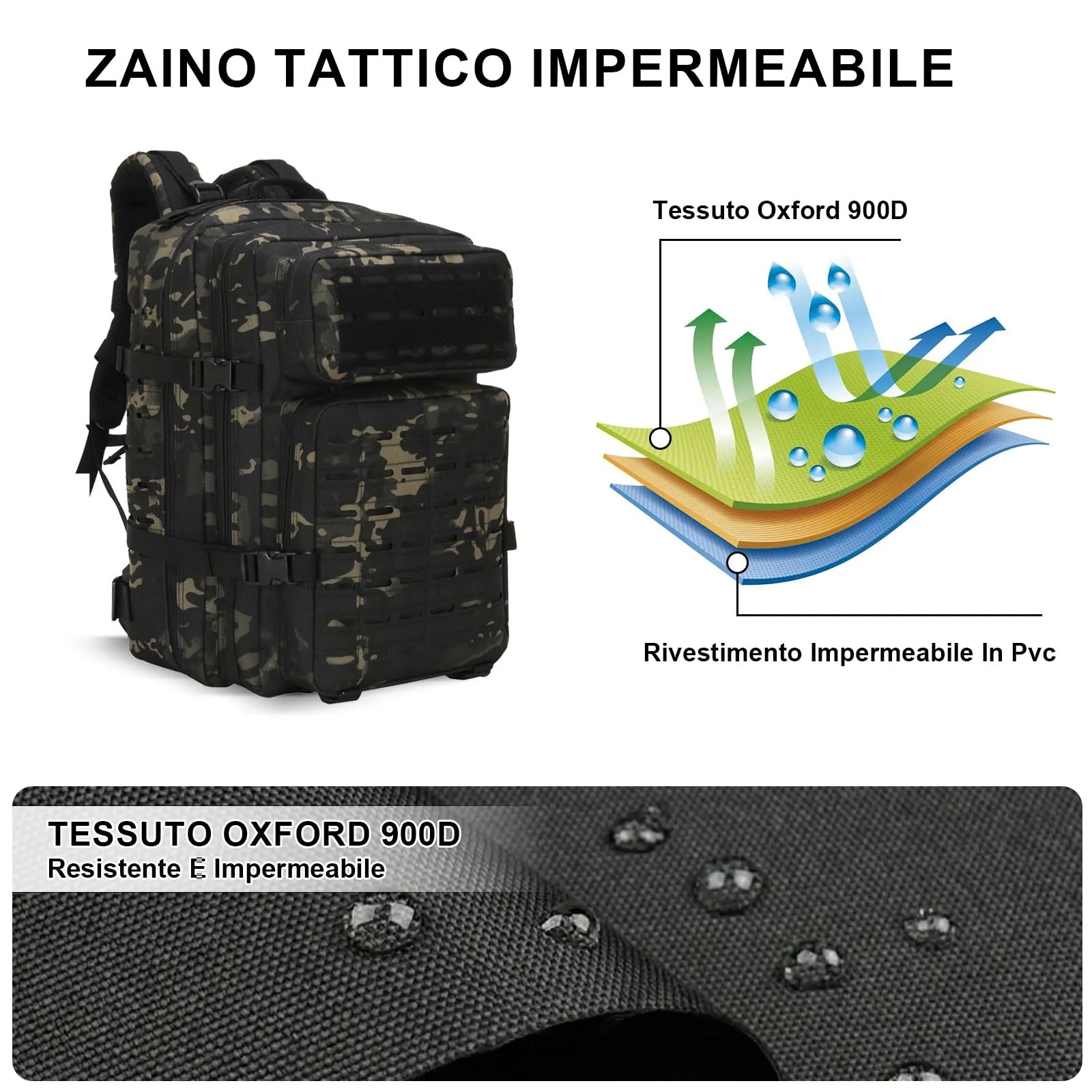 SHANNA Zaino Tattico Militare 45 Litri Impermeabile con Sistema Molle per Hiking, Campeggio e Trekking - immagine 6