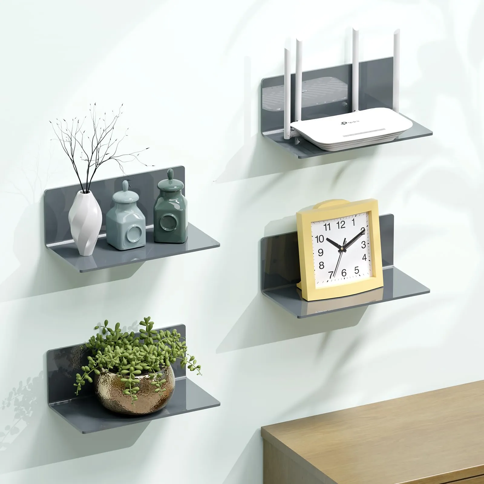 Toski Set di 2 mensole autoadesive da parete in acrilico, 23 cm, Grigio - immagine 3