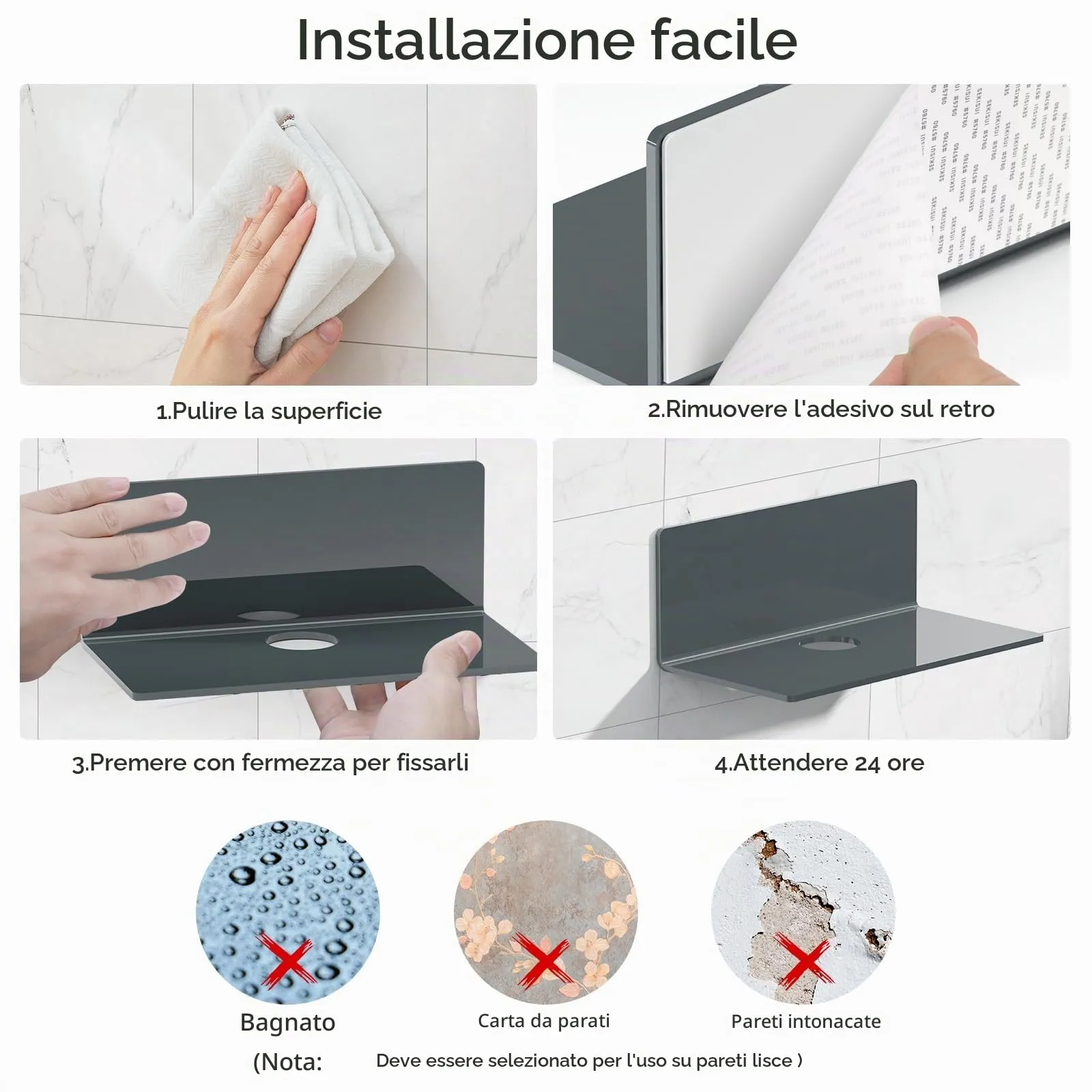 Toski Set di 2 mensole autoadesive da parete in acrilico, 23 cm, Grigio - immagine 6
