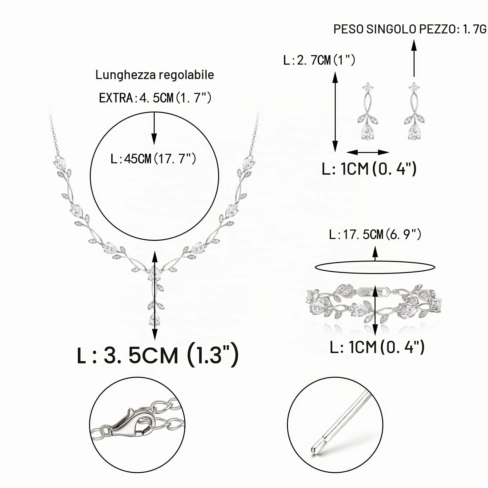 EVER FAITH Set di gioielli da sposa in Cubic Zirconia a forma di goccia e foglia di vite, collana, orecchini e bracciale - immagine 5