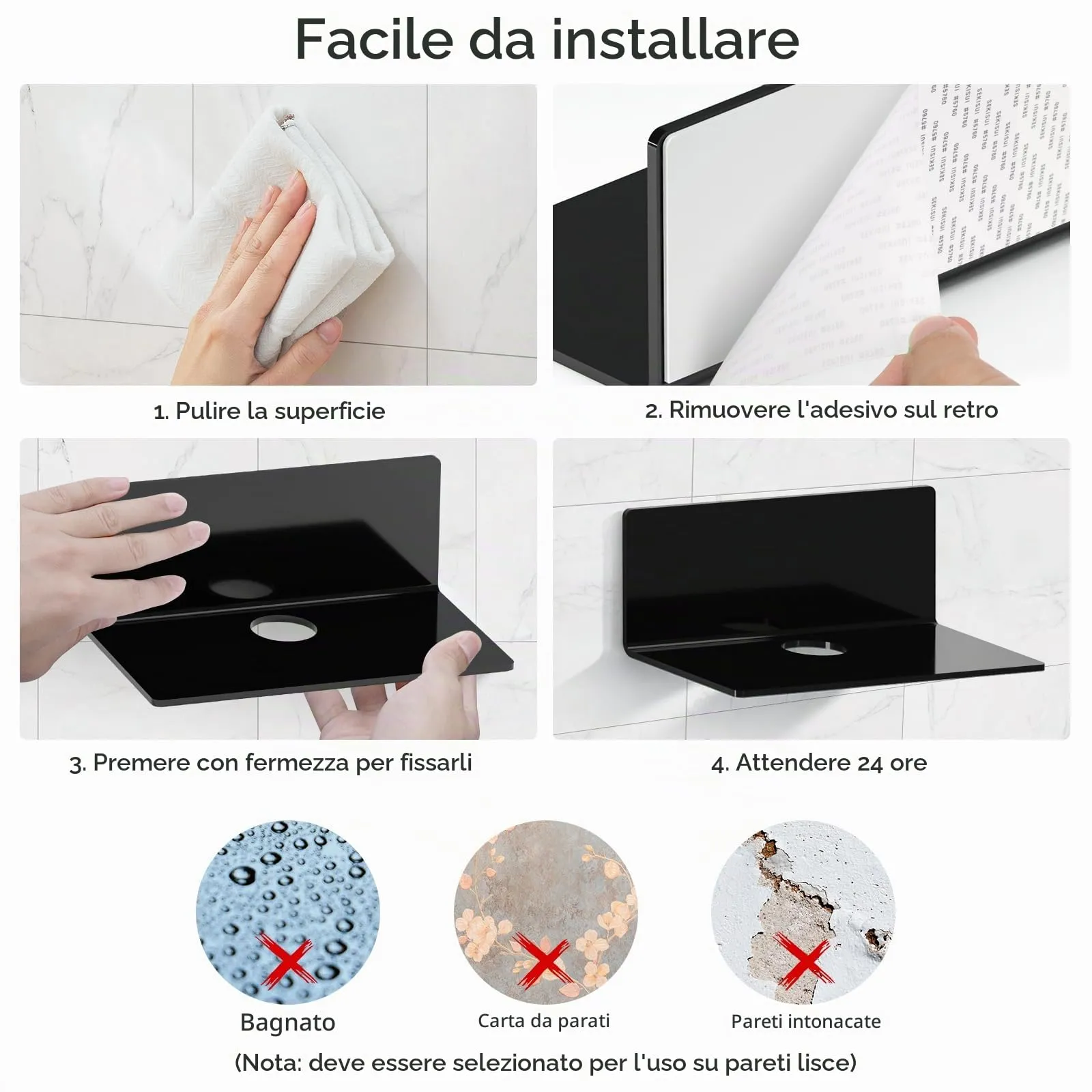 Toski Set di 2 Mensole Autoadesive da Parete in Acrilico, 23 cm, Nero - immagine 6
