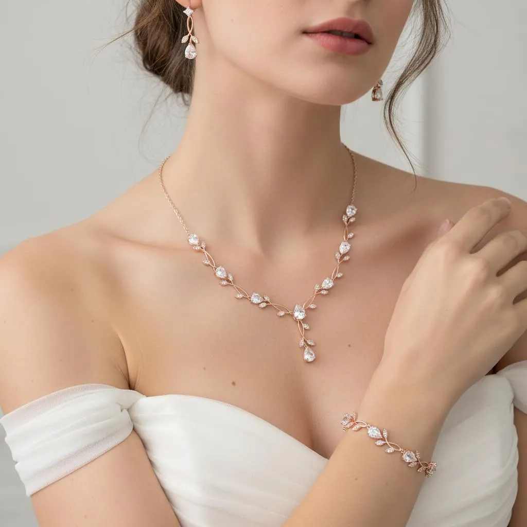 EVER FAITH Set di gioielli da sposa Teardrop Cubic Zirconia con collana, orecchini e bracciale - immagine 2