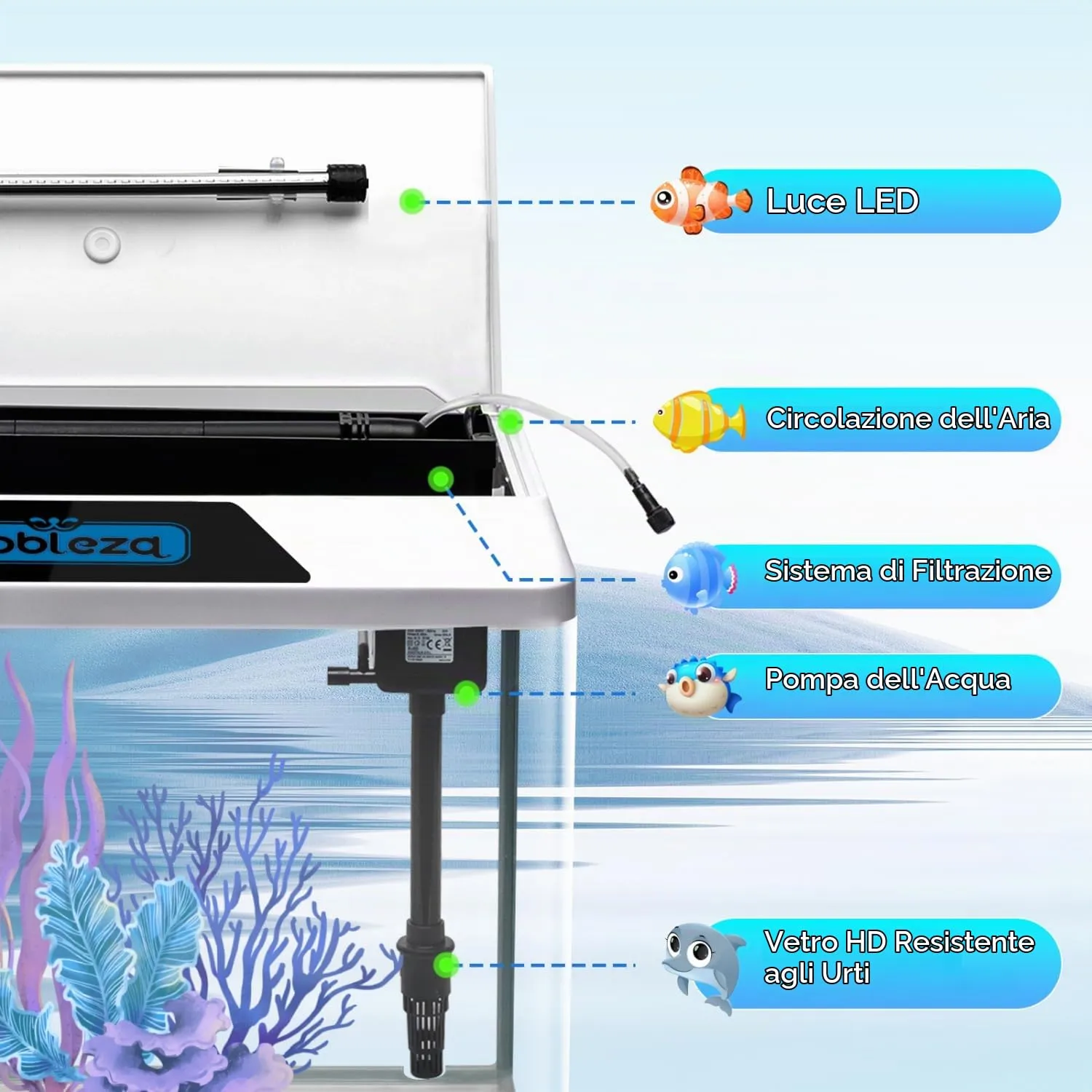 Nobleza Piccolo Acquario 54L con Illuminazione LED e Sistema di Filtraggio Integrato, Bianco - immagine 3