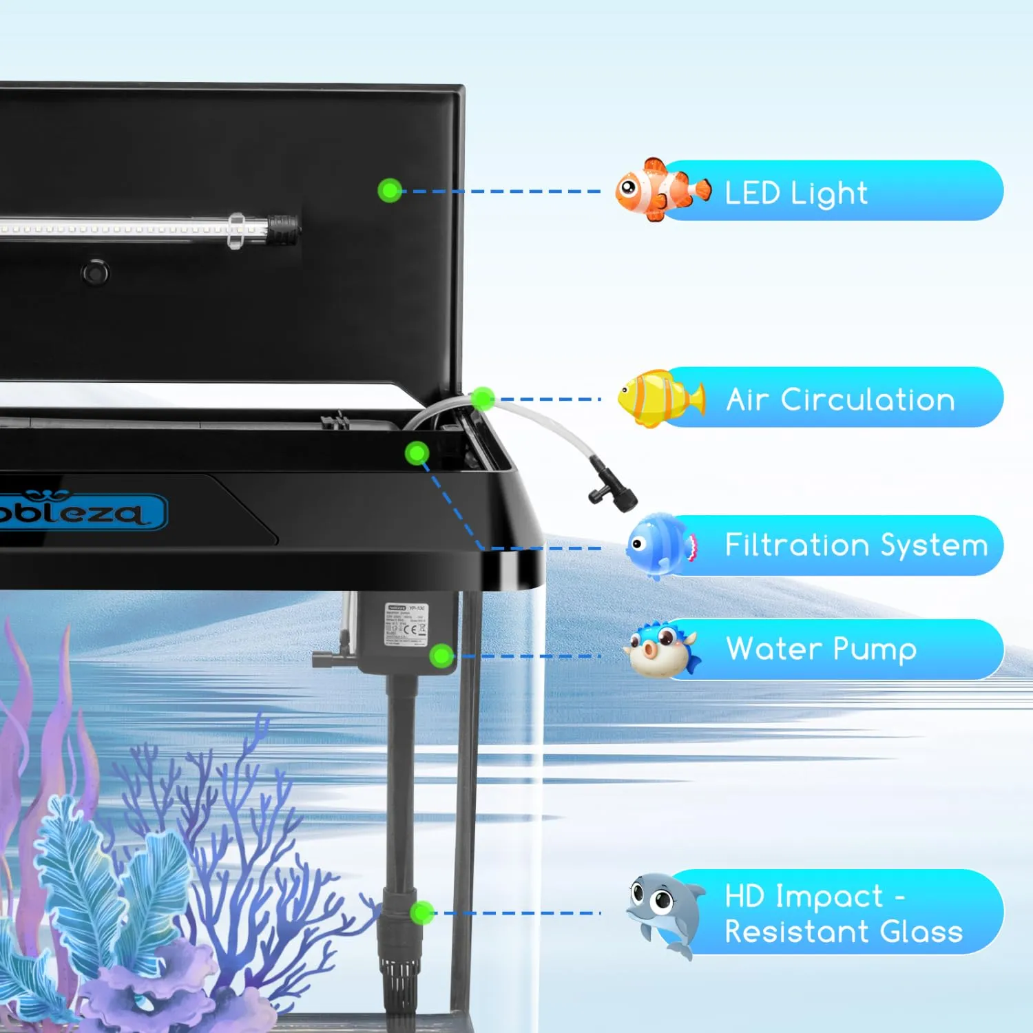 Nobleza Piccolo Acquario Completo 54L con Illuminazione a LED e Sistema di Filtraggio Integrato, Nero - immagine 3