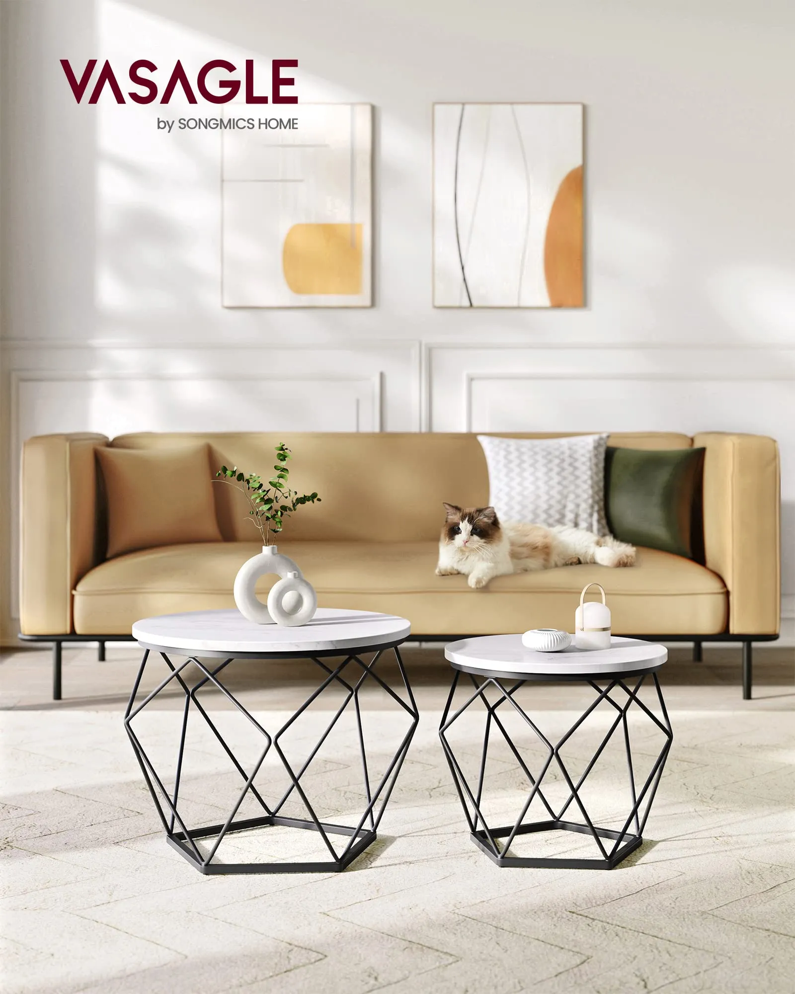 VASAGLE Set di 2 Tavolini da Caffè Rotondi ad Incastro Bianco e Nero LCT041W59 - immagine 2
