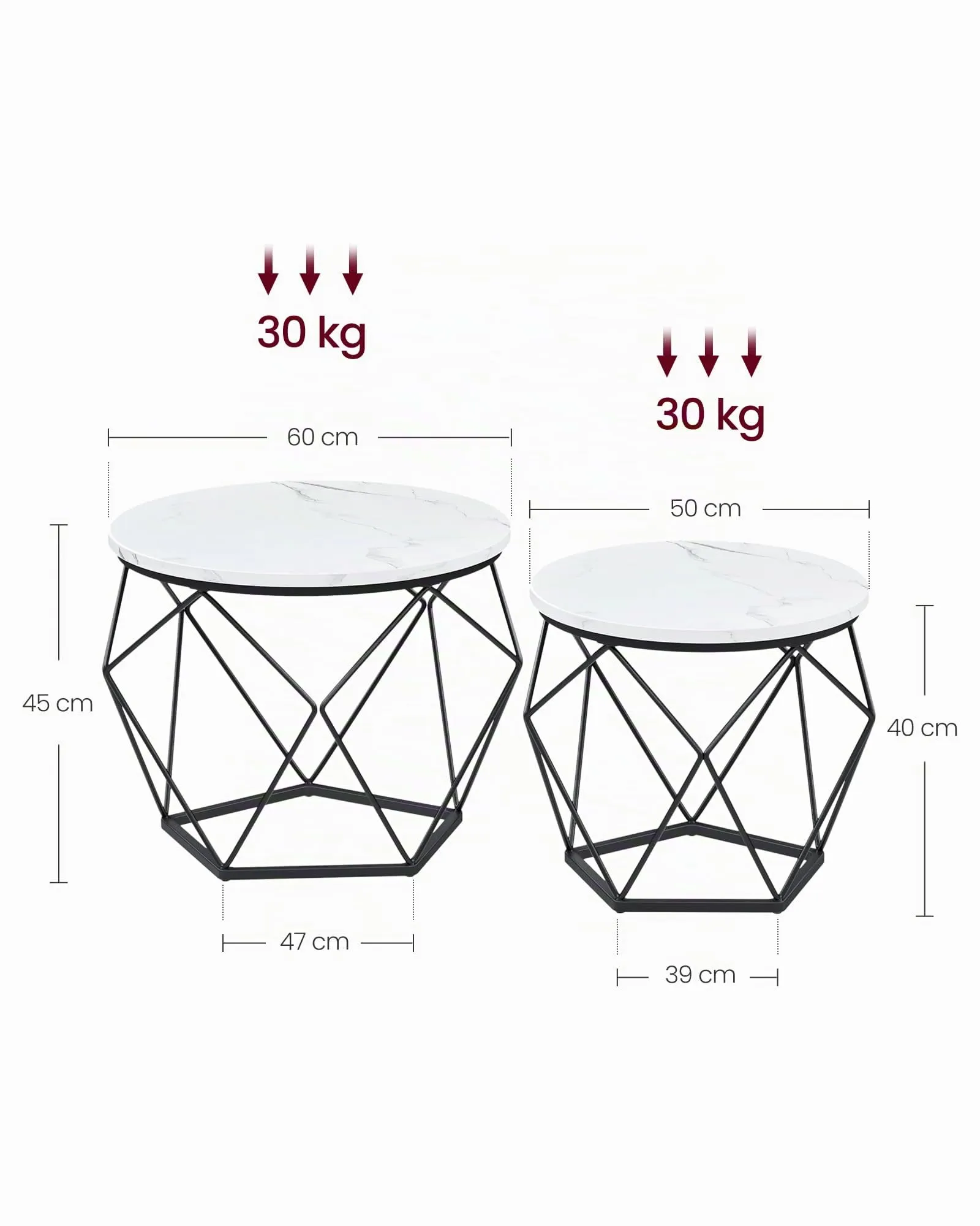 VASAGLE Set di 2 Tavolini da Caffè Rotondi ad Incastro Bianco e Nero LCT041W59 - immagine 6