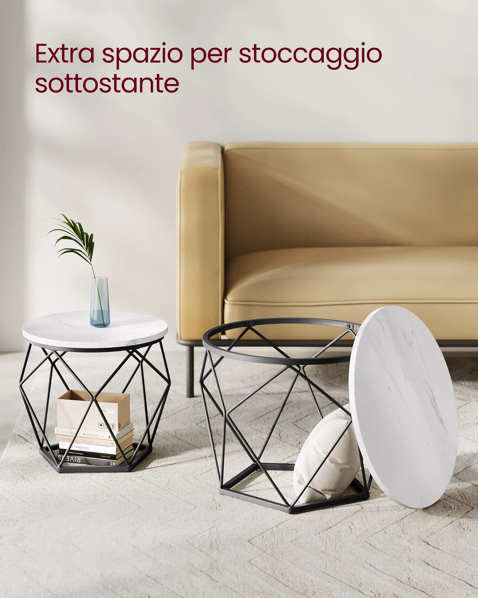 VASAGLE Set di 2 Tavolini da Caffè Rotondi ad Incastro Bianco e Nero LCT041W59 - immagine 7