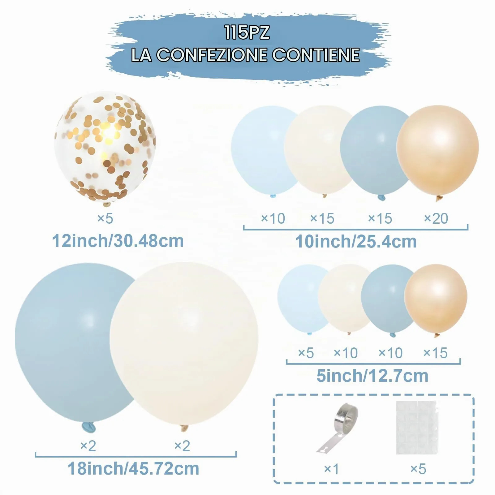 fairymaiden Kit Arco di Palloncini Blu, Azzurri e Dorati - 111 Pezzi - immagine 2