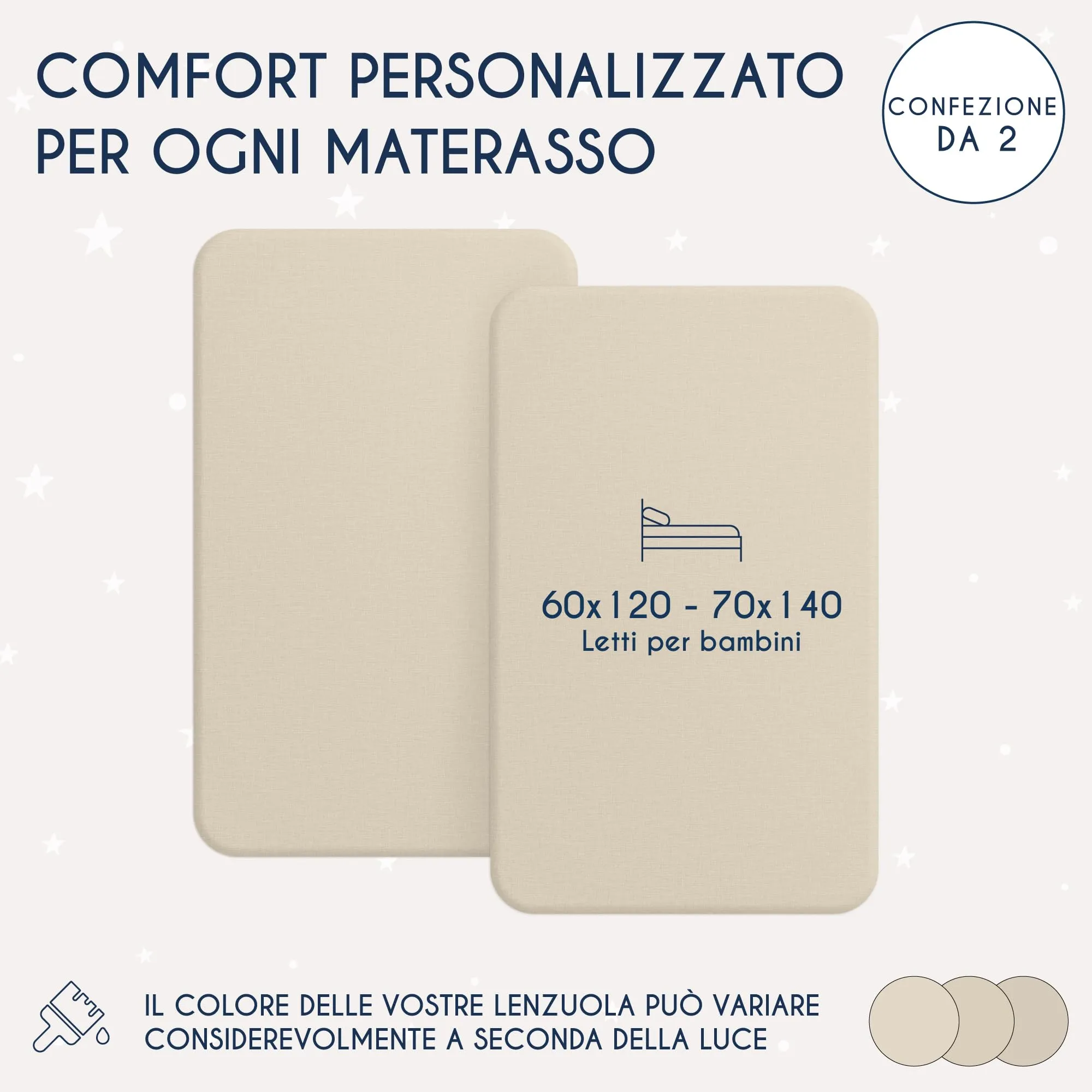 Dreamzie Set 2 Lenzuola con Angoli in Cotone per Bambini 60x120 / 70x140, Oeko Tex, Beige - immagine 2