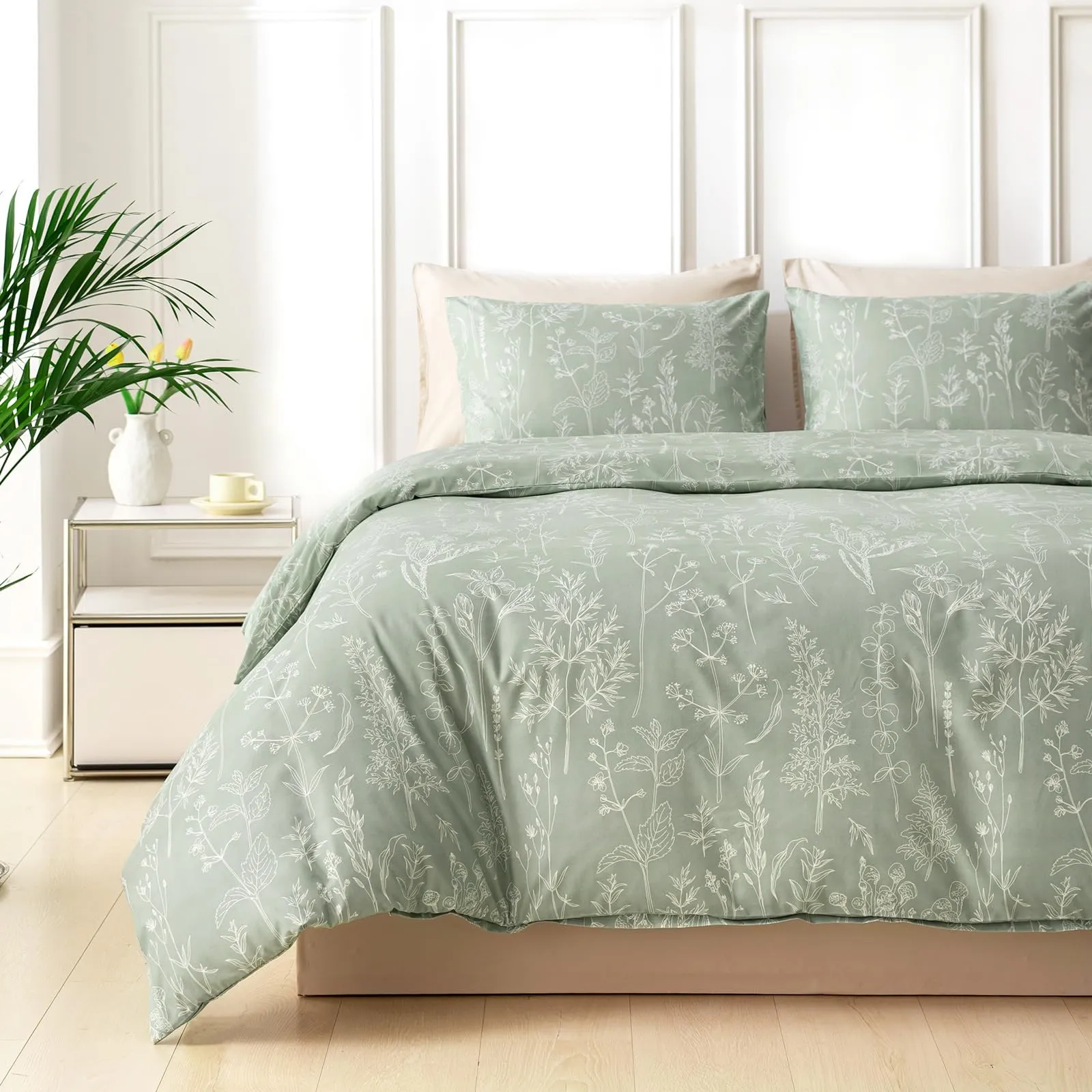 Tokokimo Set Copripiumino Matrimoniale 240x220 cm e 2 Federe 50x80 cm, 100% Microfibra, Stile Rami e Foglie, Verde Salvia - immagine 1