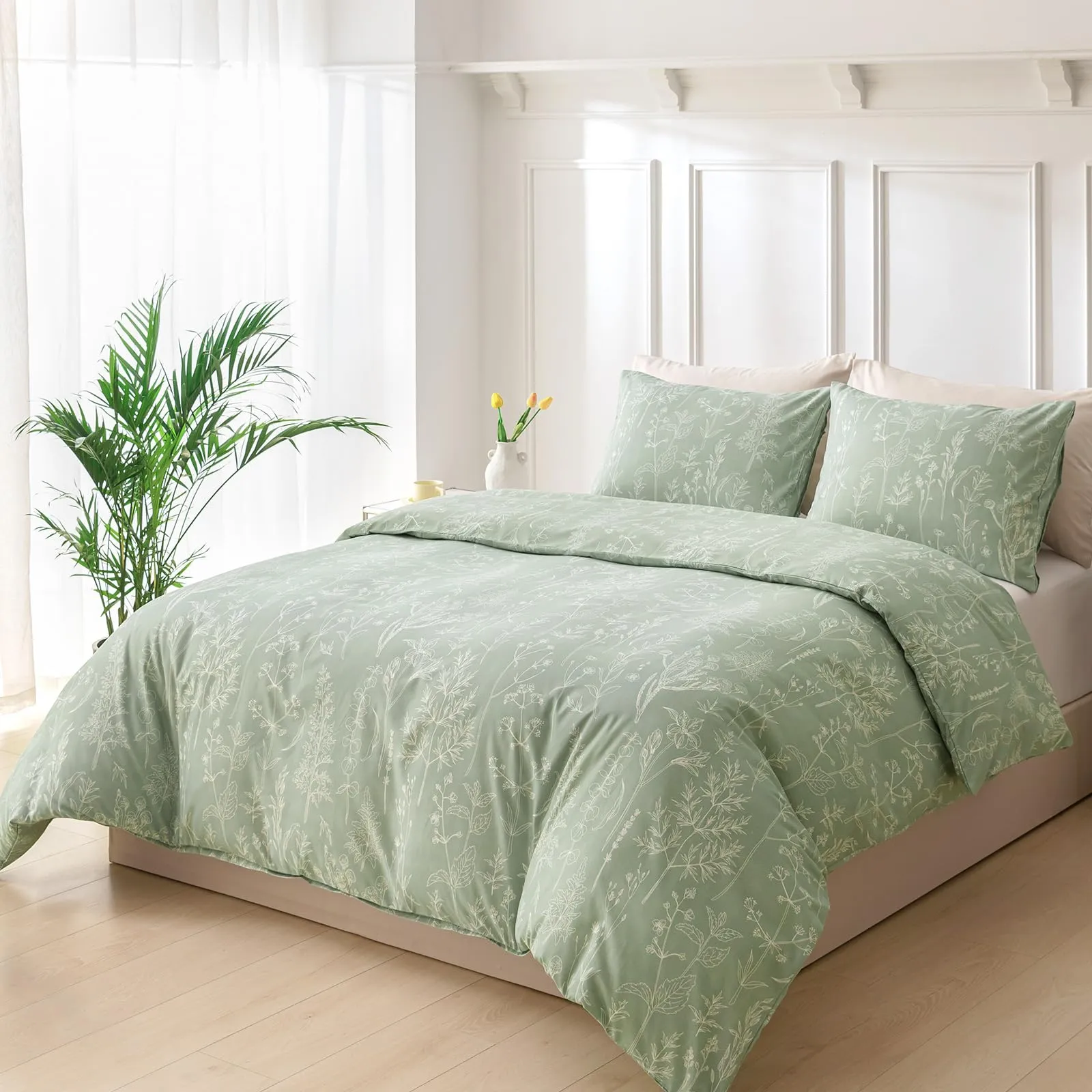 Tokokimo Set Copripiumino Matrimoniale 240x220 cm e 2 Federe 50x80 cm, 100% Microfibra, Stile Rami e Foglie, Verde Salvia - immagine 2