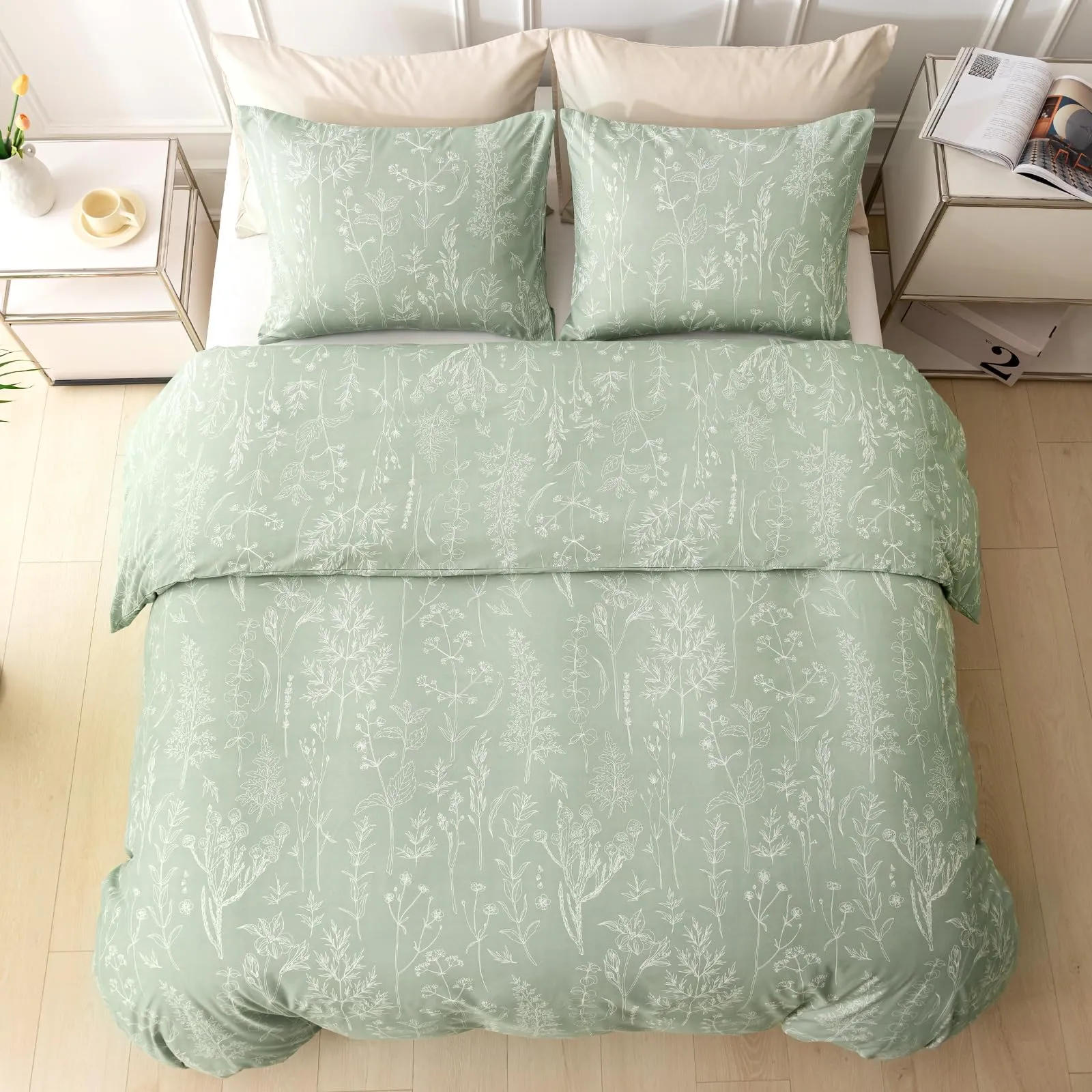 Tokokimo Set Copripiumino Matrimoniale 240x220 cm e 2 Federe 50x80 cm, 100% Microfibra, Stile Rami e Foglie, Verde Salvia - immagine 3