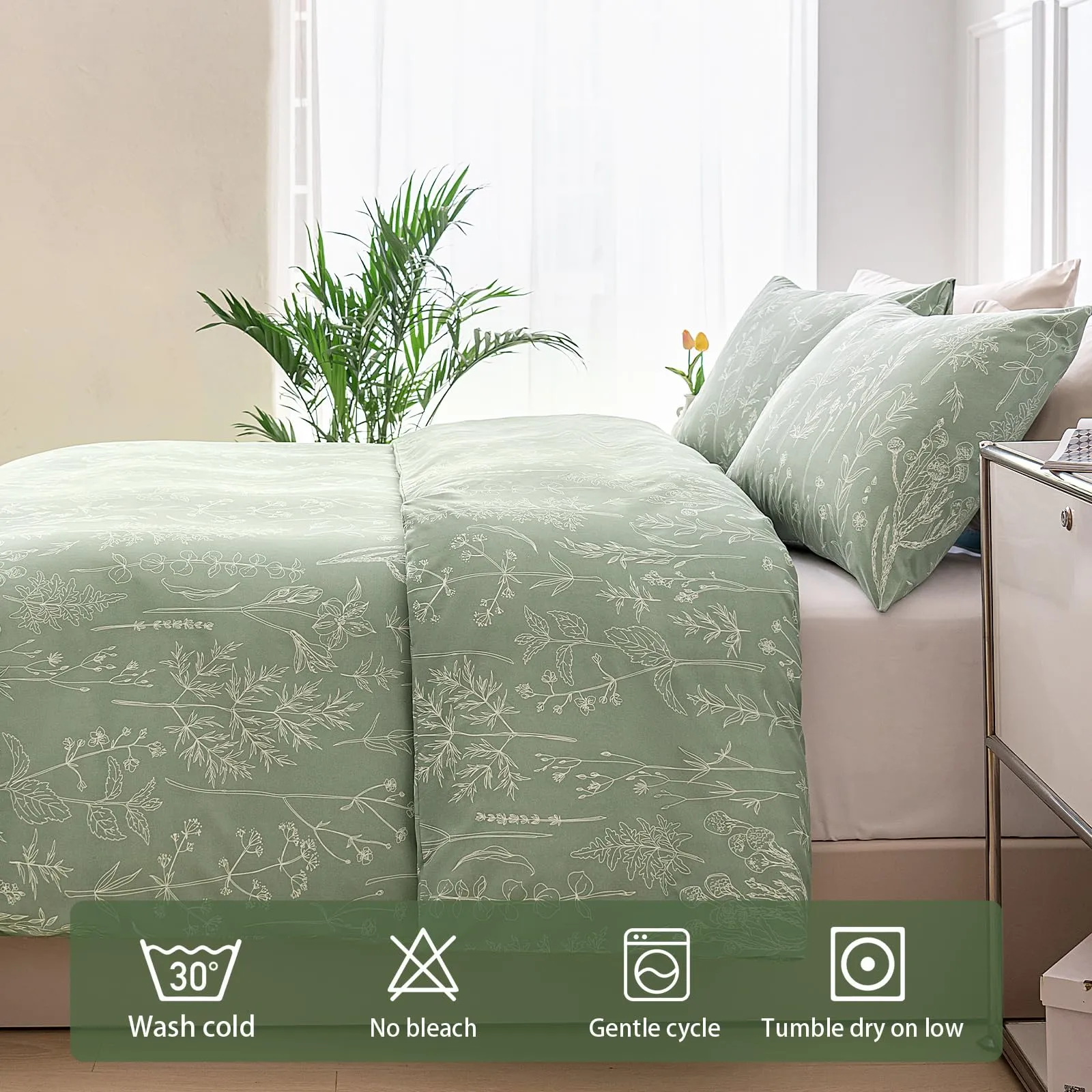 Tokokimo Set Copripiumino Matrimoniale 240x220 cm e 2 Federe 50x80 cm, 100% Microfibra, Stile Rami e Foglie, Verde Salvia - immagine 4