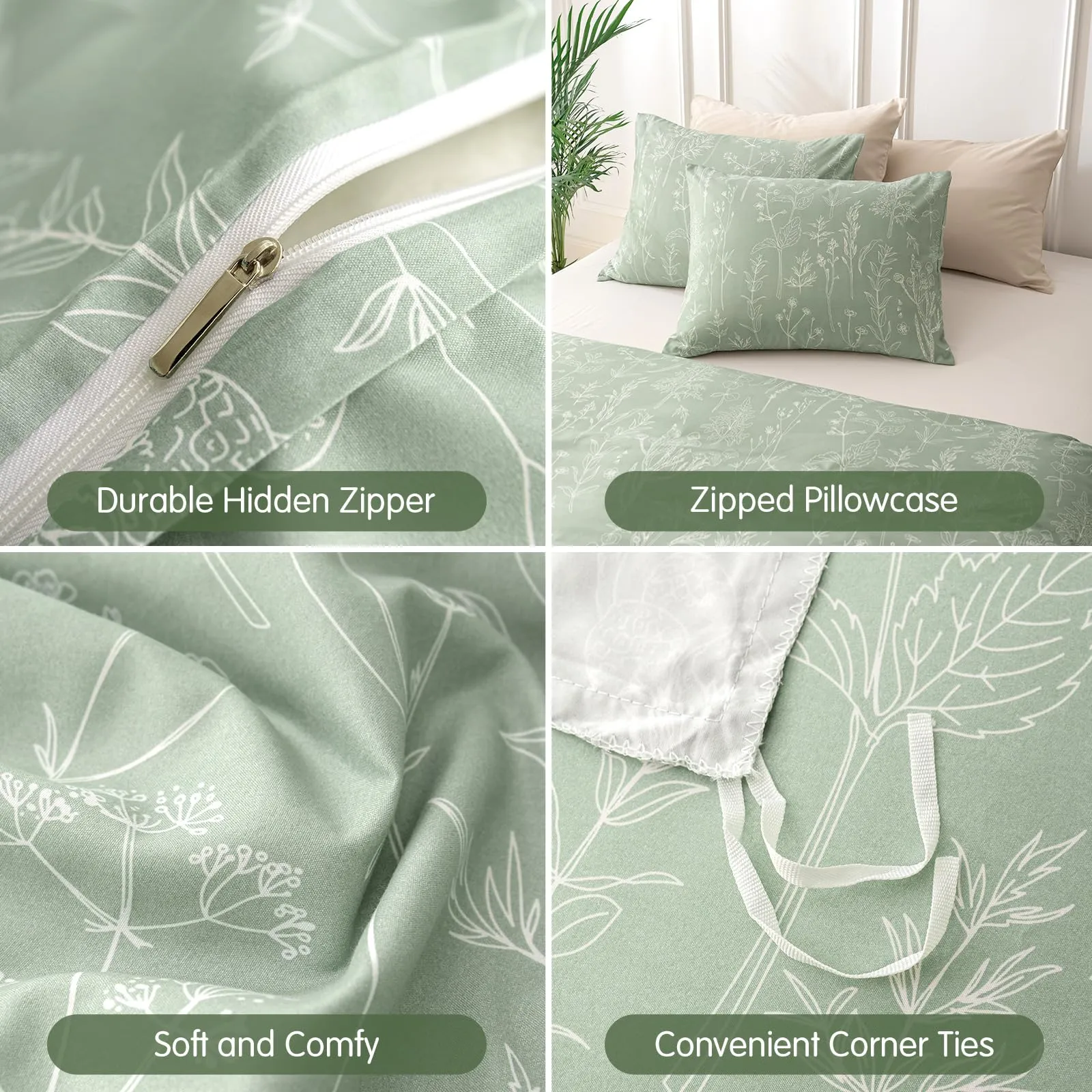 Tokokimo Set Copripiumino Matrimoniale 240x220 cm e 2 Federe 50x80 cm, 100% Microfibra, Stile Rami e Foglie, Verde Salvia - immagine 5