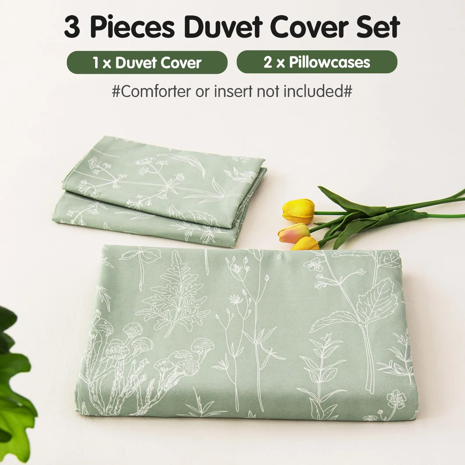 Tokokimo Set Copripiumino Matrimoniale 240x220 cm e 2 Federe 50x80 cm, 100% Microfibra, Stile Rami e Foglie, Verde Salvia - immagine 6