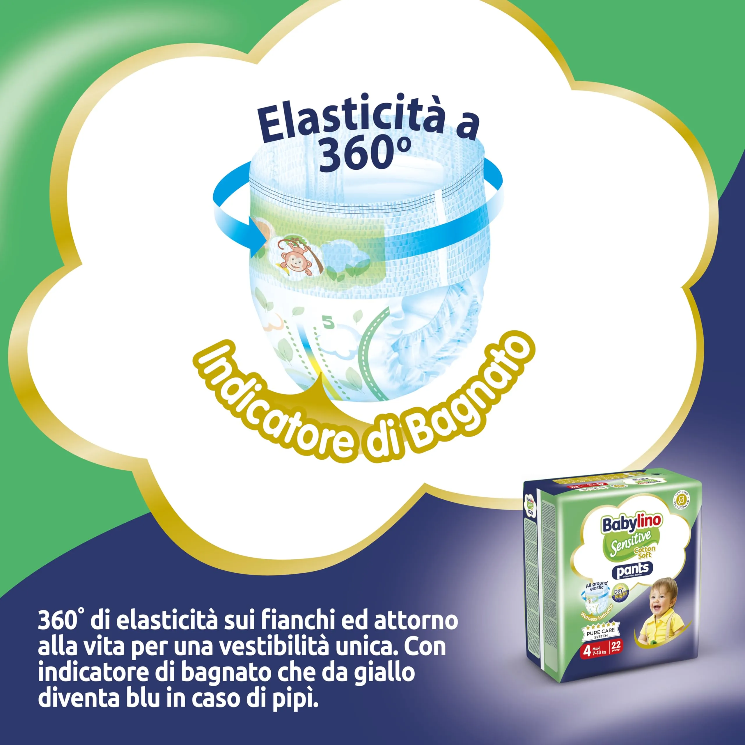 Babylino Sensitive Cotton Soft Pannolini Mutandina Taglia 4, Pants Maxi (7-13kg), 22 Unità - immagine 2