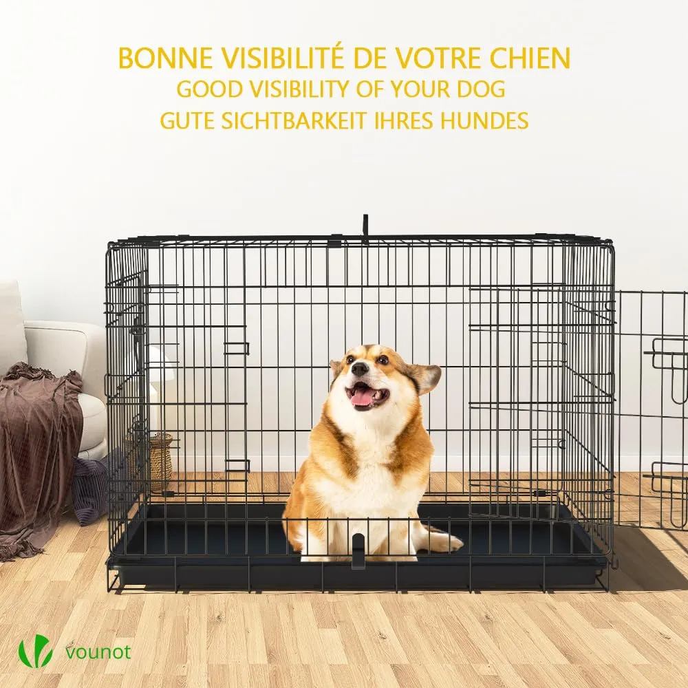 VOUNOT Gabbia per Cani Pieghevole in Metallo con 2 Porte e Vassoio Rimovibile, 92x58x64cm, Nero - immagine 2
