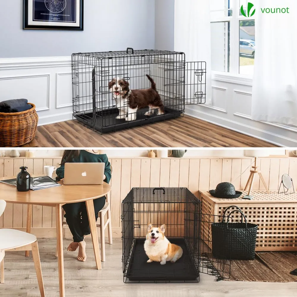 VOUNOT Gabbia per Cani Pieghevole in Metallo con 2 Porte e Vassoio Rimovibile, 92x58x64cm, Nero - immagine 3