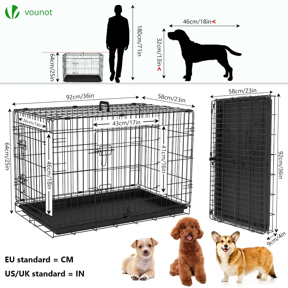 VOUNOT Gabbia per Cani Pieghevole in Metallo con 2 Porte e Vassoio Rimovibile, 92x58x64cm, Nero - immagine 4