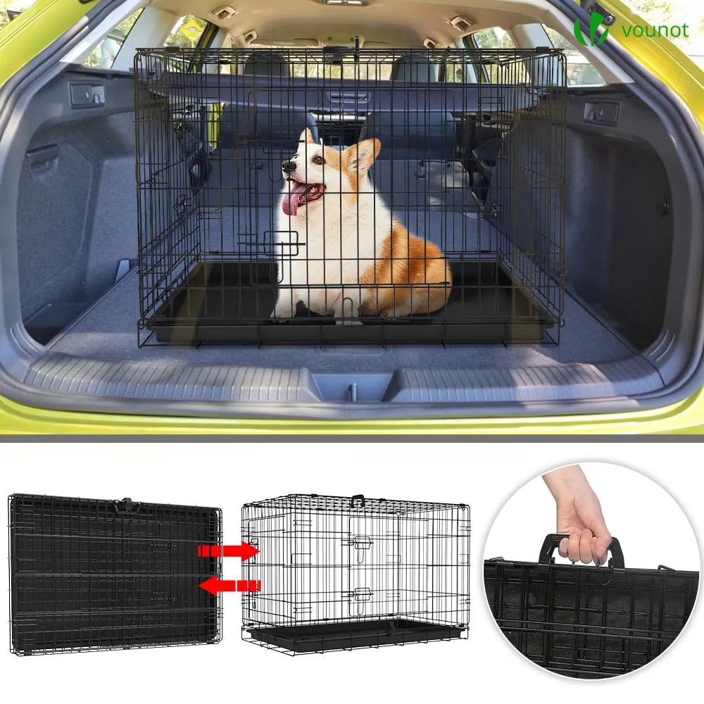 VOUNOT Gabbia per Cani Pieghevole in Metallo con 2 Porte e Vassoio Rimovibile, 92x58x64cm, Nero - immagine 7
