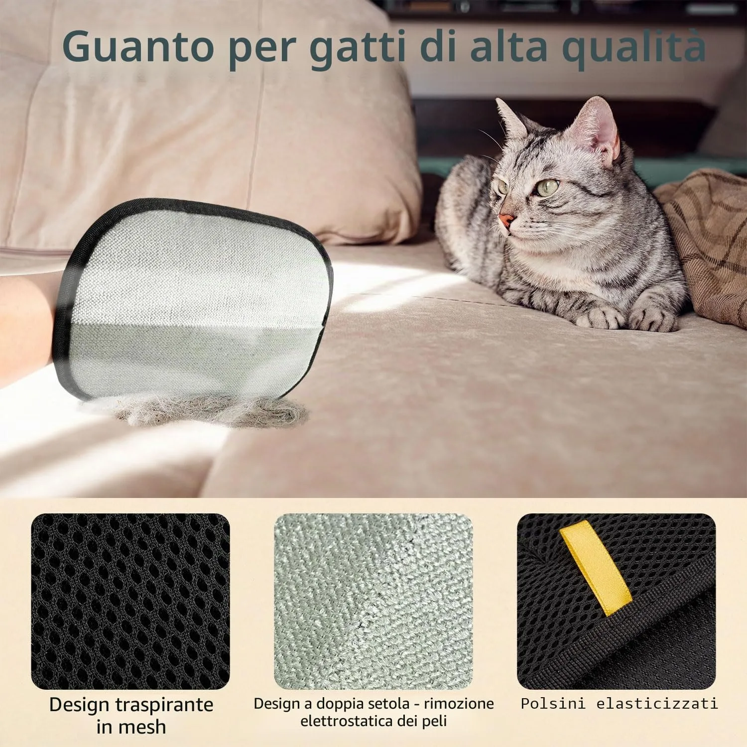 Kunoli Guanto per Peli di Gatto e Cane per Pulizia di Animali, Tappeti e Divani, Set da 3 pezzi - immagine 2
