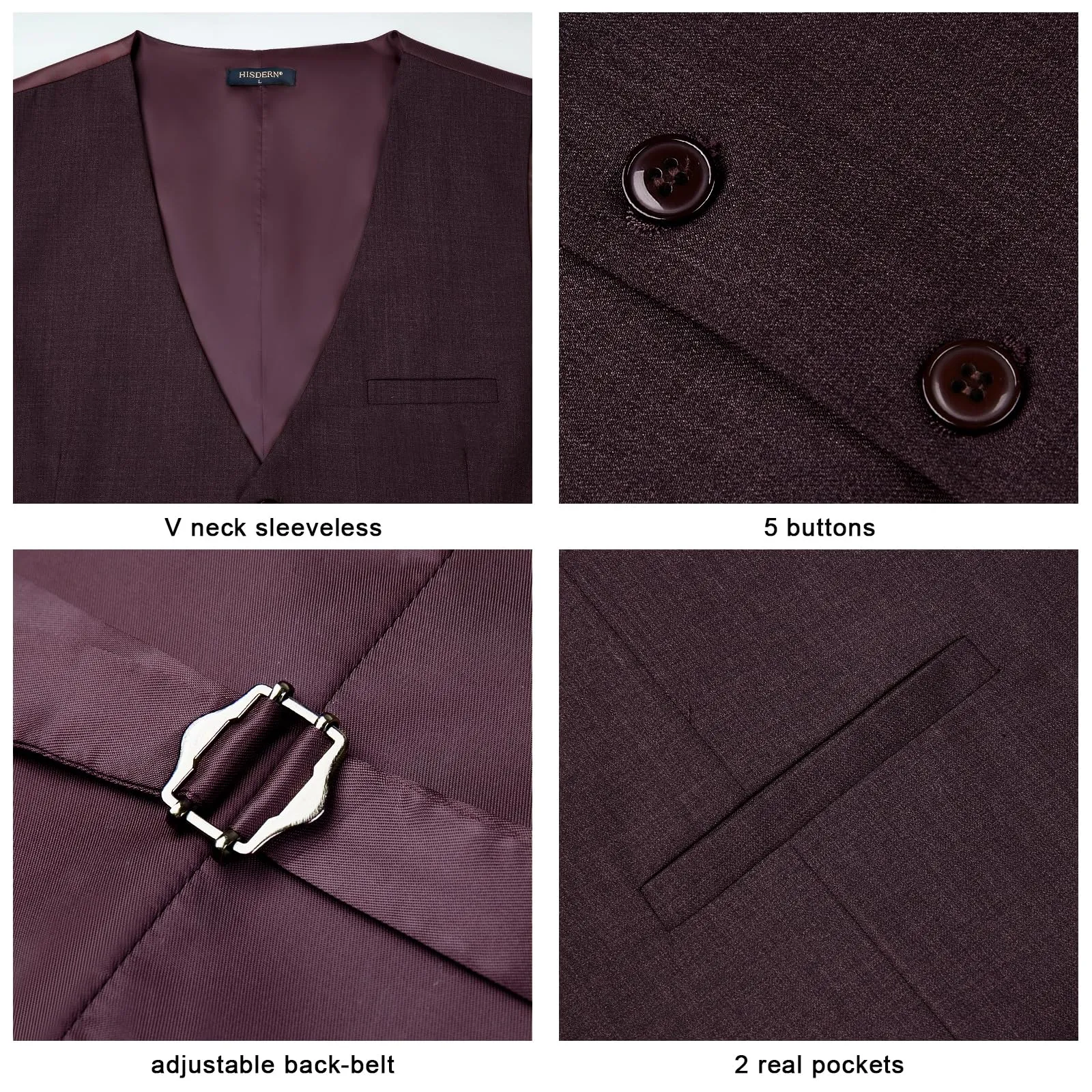 HISDERN Gilet da Uomo in Cotone Tinta Unita, Viola Scuro, 4XL - immagine 4