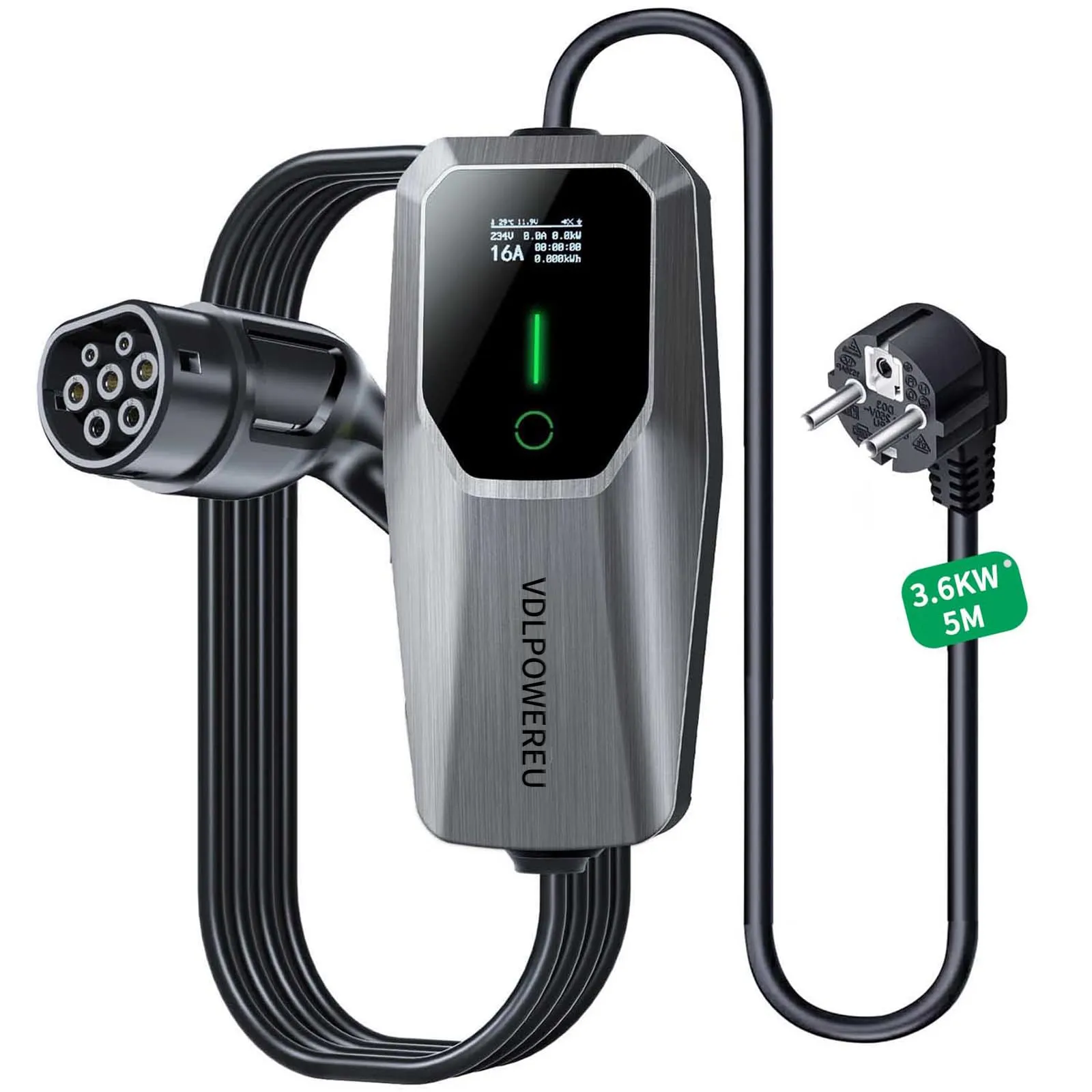 VDLPOWEREU Cavo di Ricarica Auto Elettrica Tipo 2, 3,6 KW, 5m, 6-16A, Spina EU Schuko, IP65 (IEC 62196-2) - immagine 1