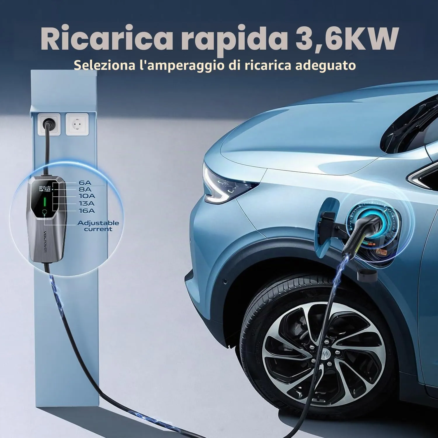 VDLPOWEREU Cavo di Ricarica Auto Elettrica Tipo 2, 3,6 KW, 5m, 6-16A, Spina EU Schuko, IP65 (IEC 62196-2) - immagine 2