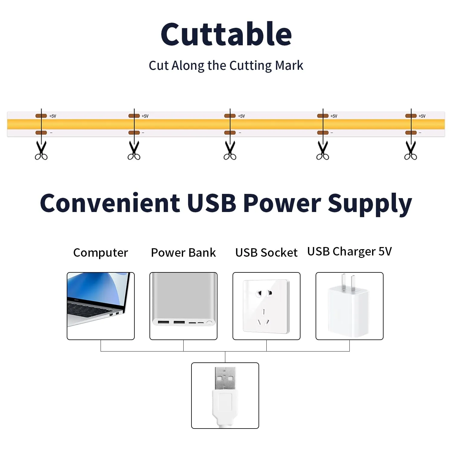 ShineBurky Striscia LED COB 5V USB, Bianco Freddo 6000K, 2M, 640LED, CRI93+ - immagine 3