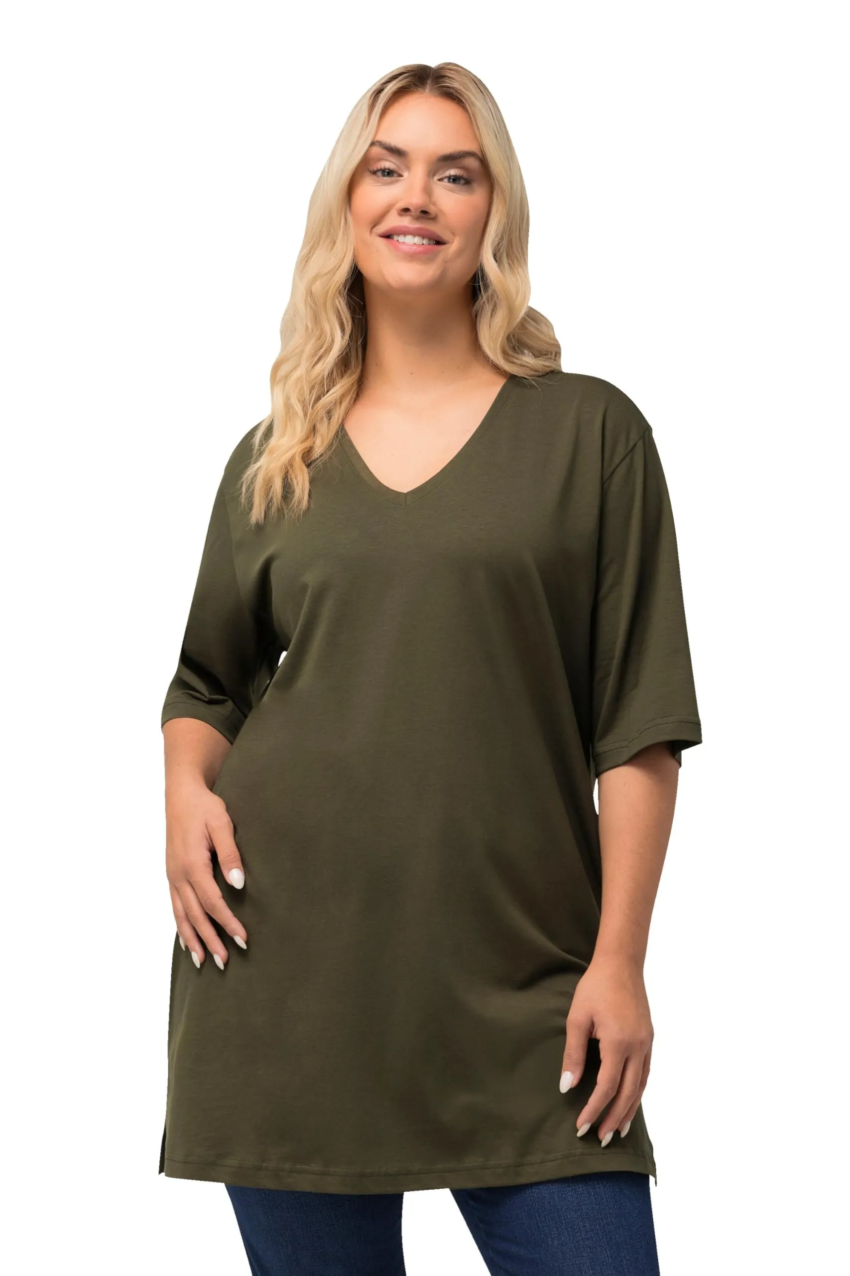 Ulla Popken Maglietta Basic Scollo a V, Foresta Verde, 50-52 Donna - immagine 1
