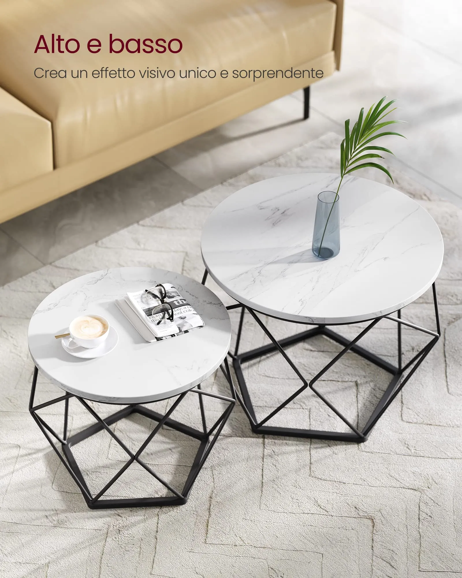 VASAGLE Set di 2 Tavolini da Caffè Rotondi ad Incastro, Bianco e Nero, LET040B59 - immagine 4