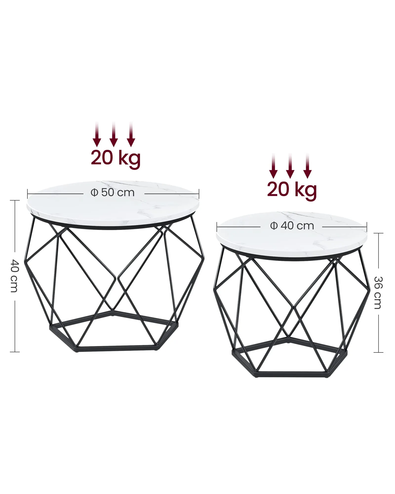 VASAGLE Set di 2 Tavolini da Caffè Rotondi ad Incastro, Bianco e Nero, LET040B59 - immagine 6