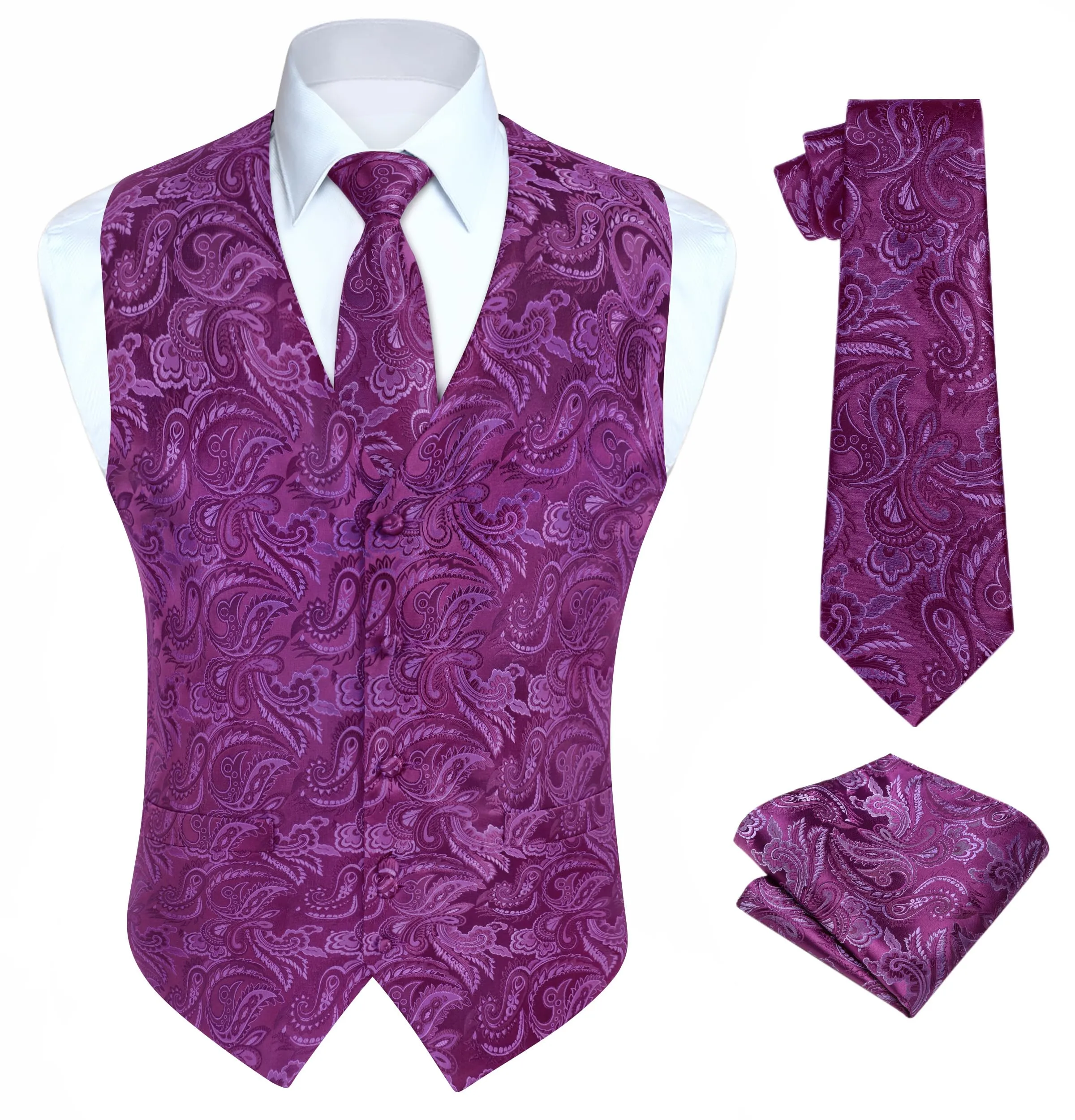HISDERN Gilet da Uomo Viola Paisley Floreale Jacquard con Cravatta e Fazzoletto, 2XL - immagine 1