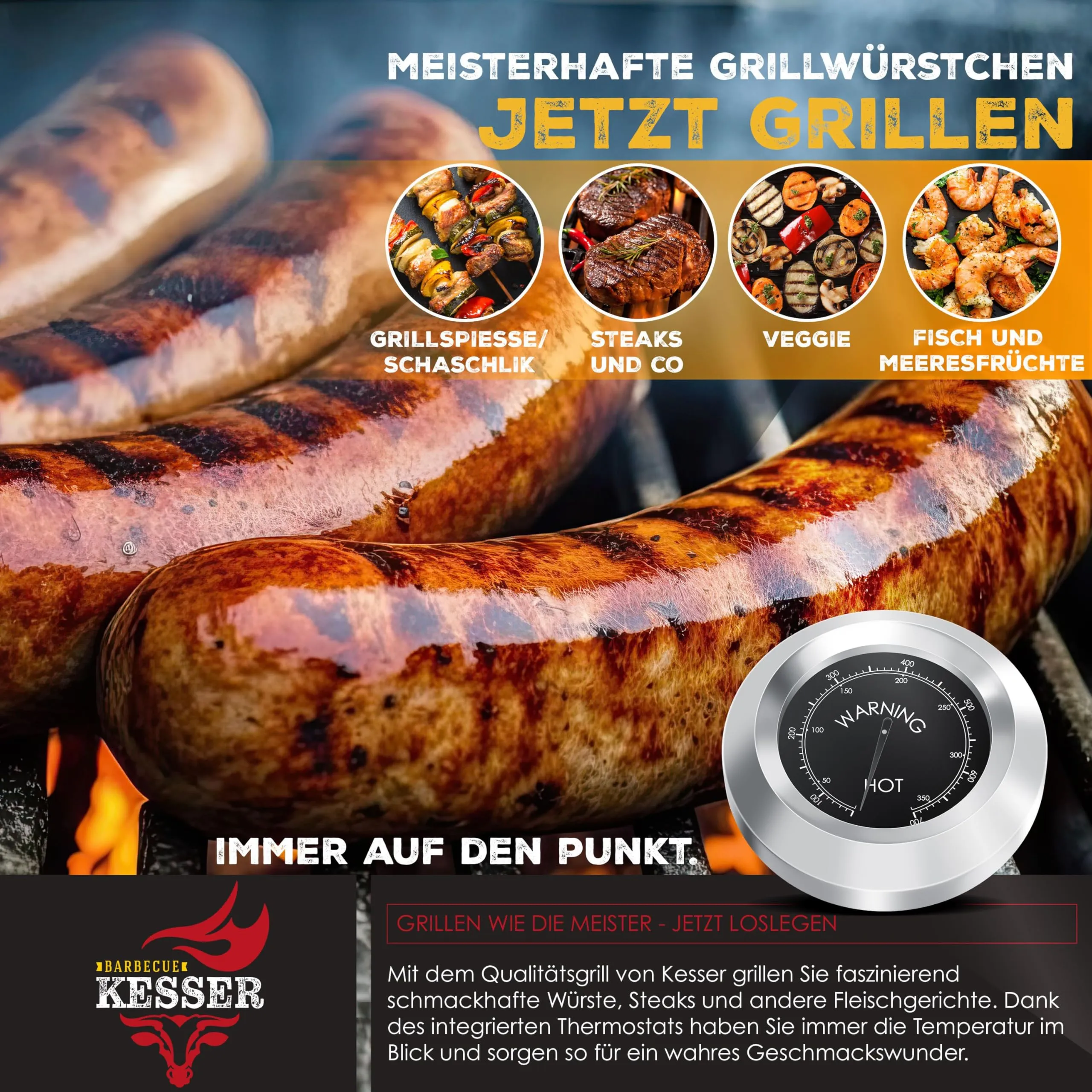 KESSER Barbecue con Carrello XL a Carbonella con Coperchio, Ruote e Termometro - immagine 6